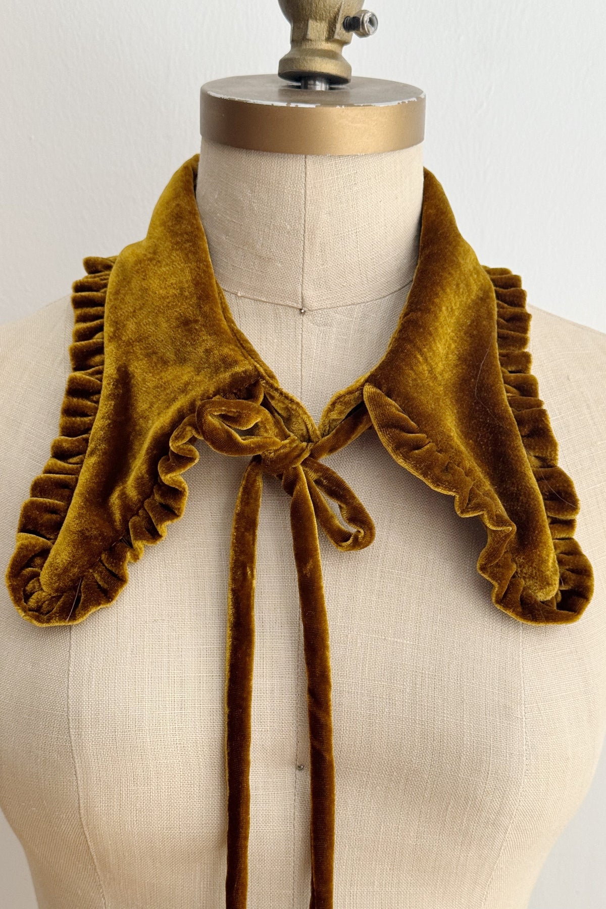 Mustard yellow velvet collar on a mannequin with a white background