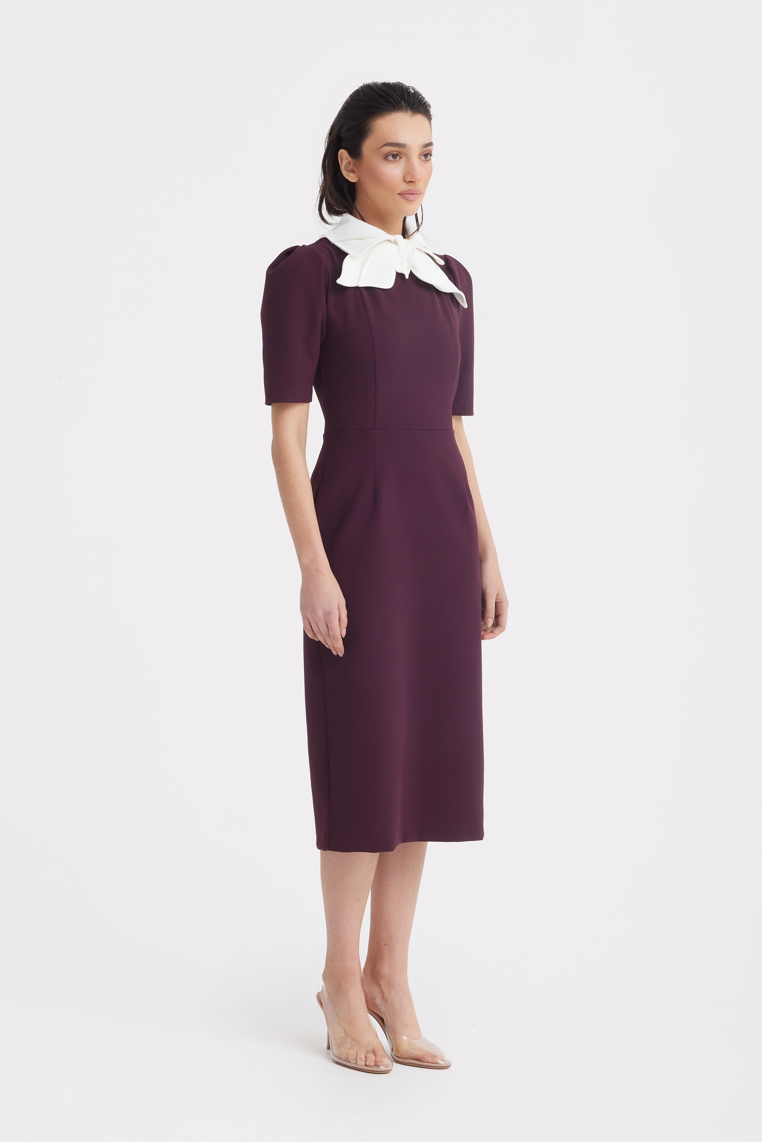 Elegant Midi Dress With Contrast Bow Collar | Burgundy