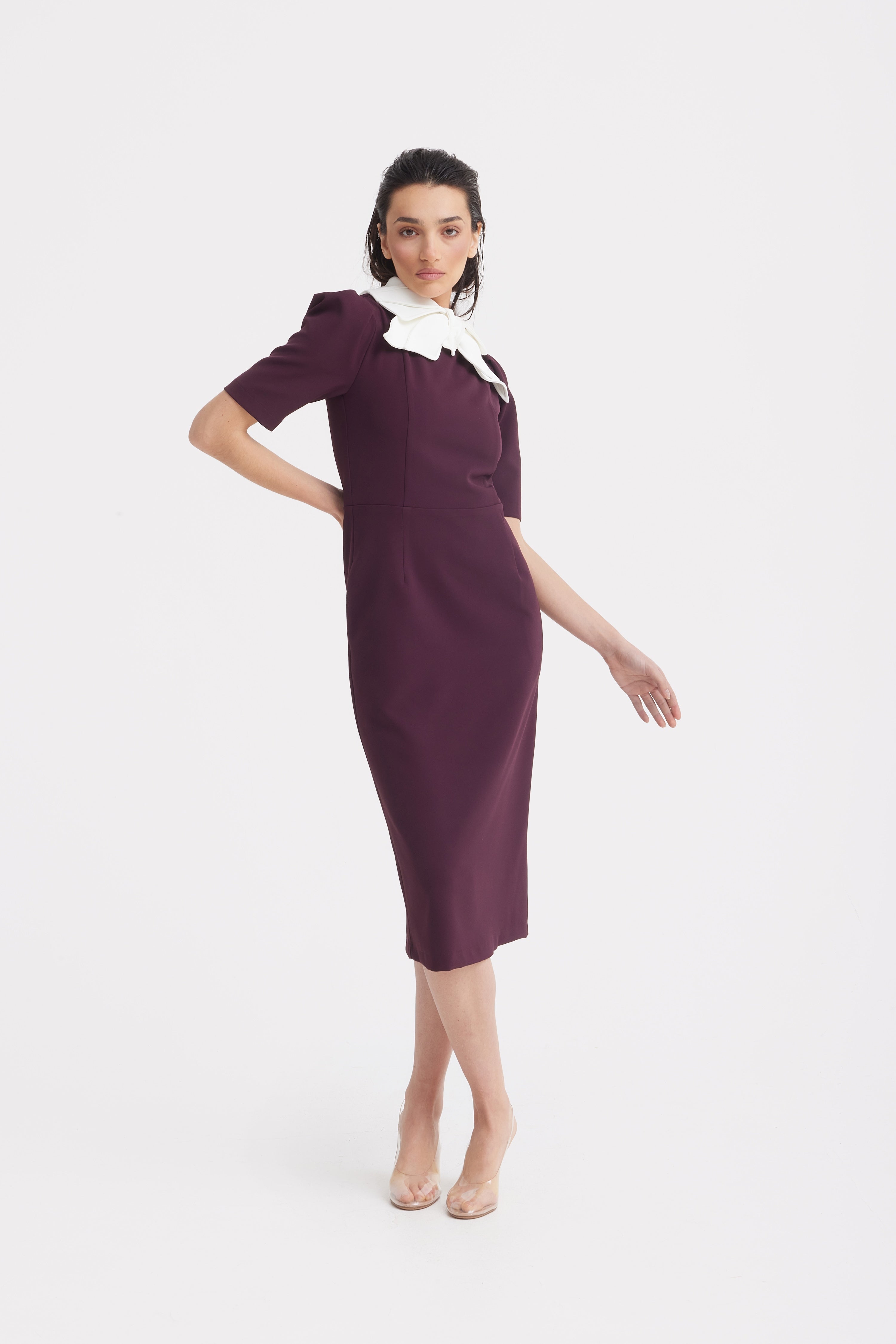 Elegant Midi Dress With Contrast Bow Collar | Burgundy
