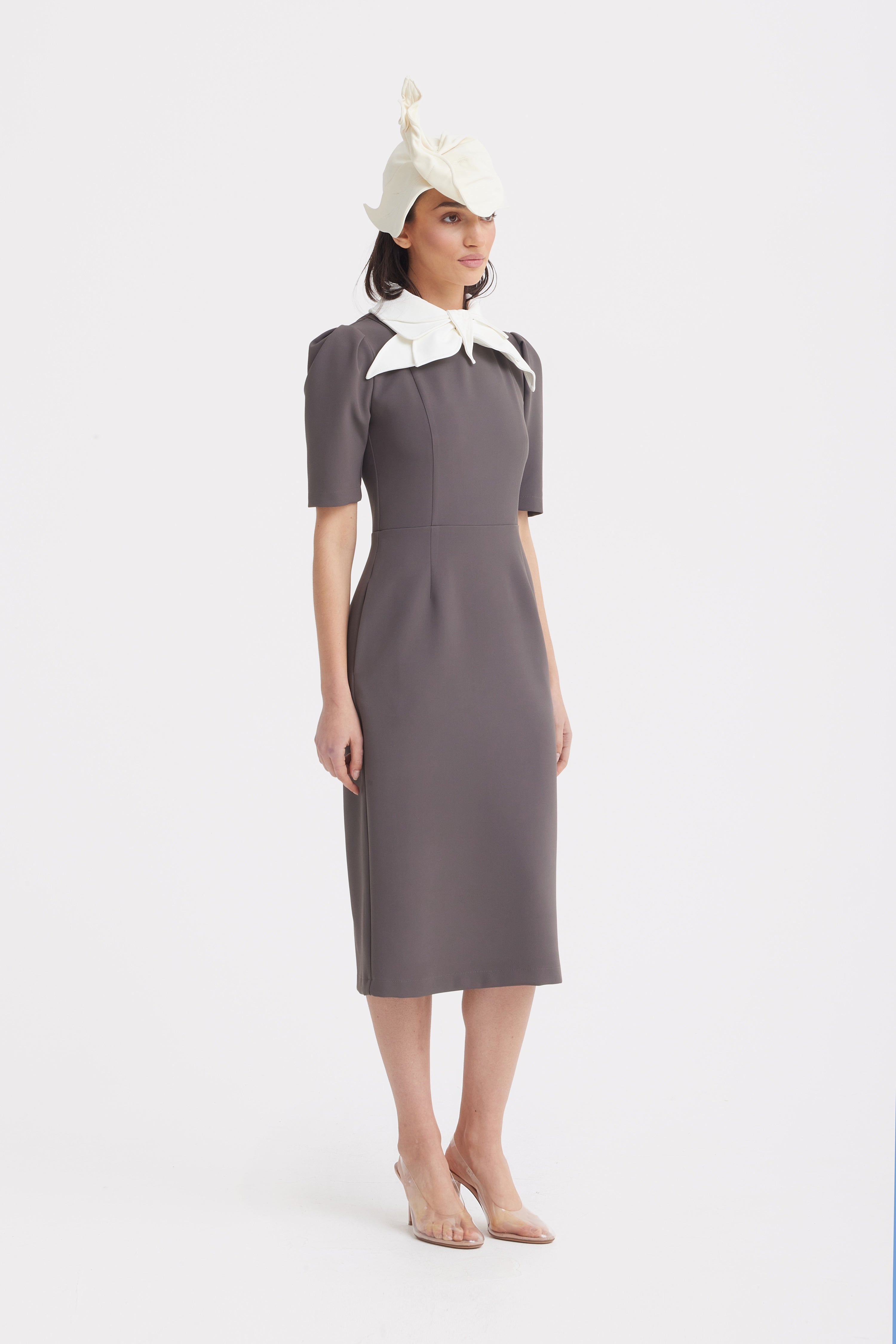 Elegant Midi Dress With Contrast Bow Collar | Taupe