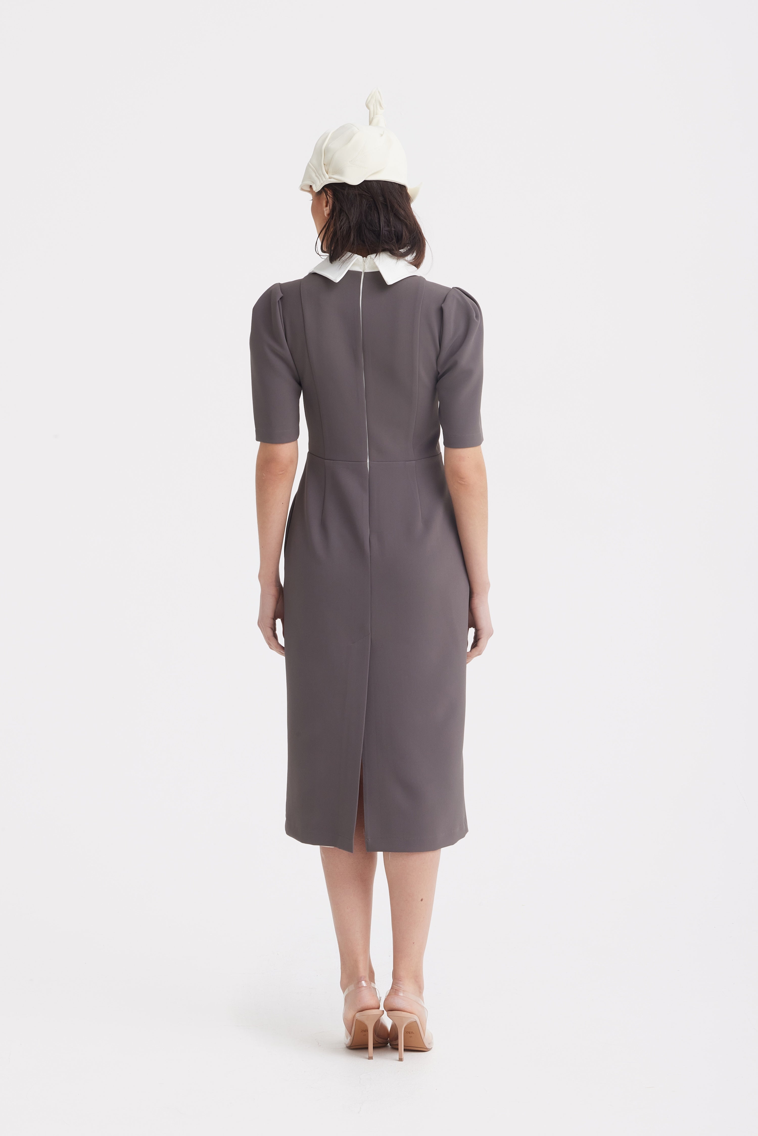 Elegant Midi Dress With Contrast Bow Collar | Taupe