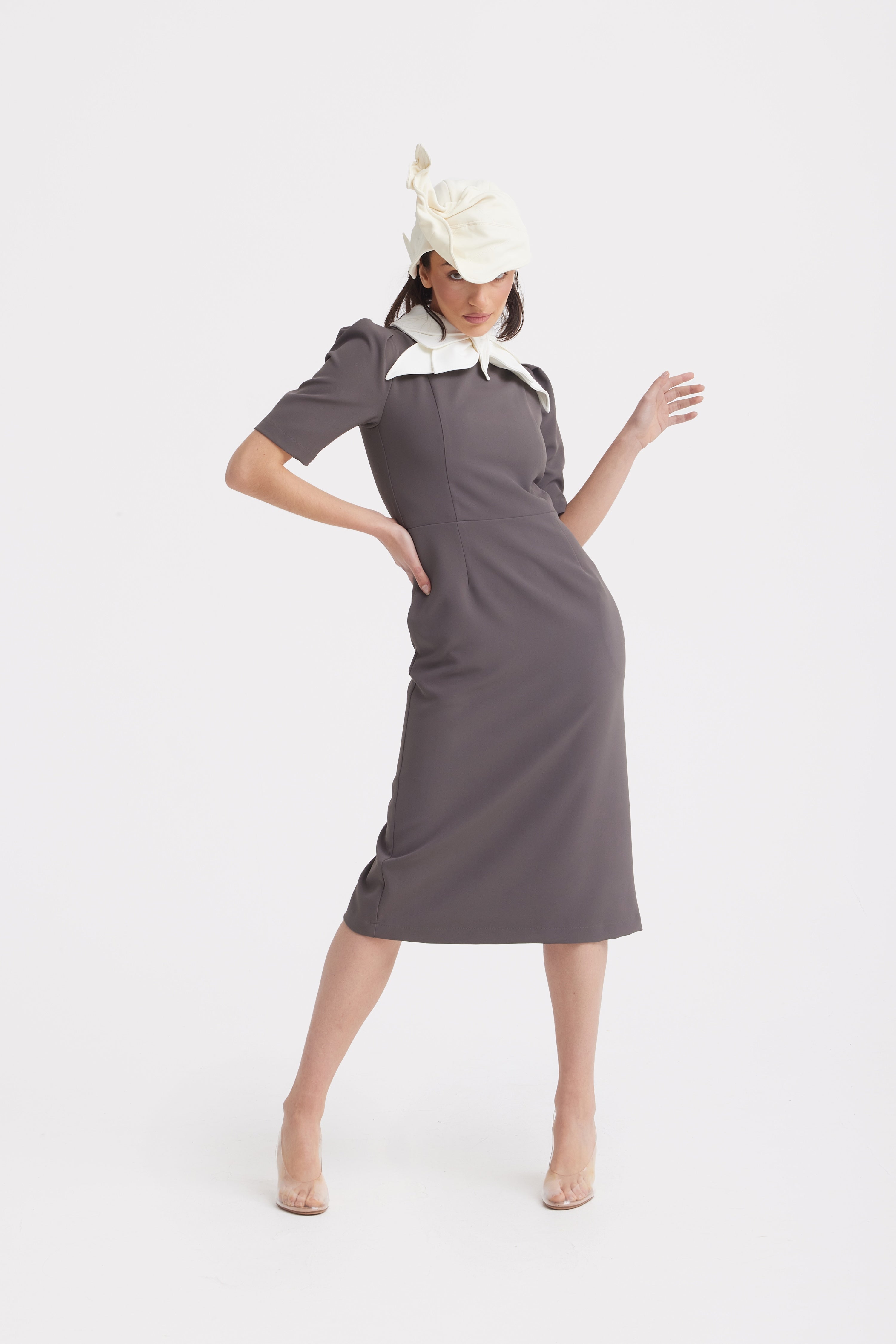 Elegant Midi Dress With Contrast Bow Collar | Taupe
