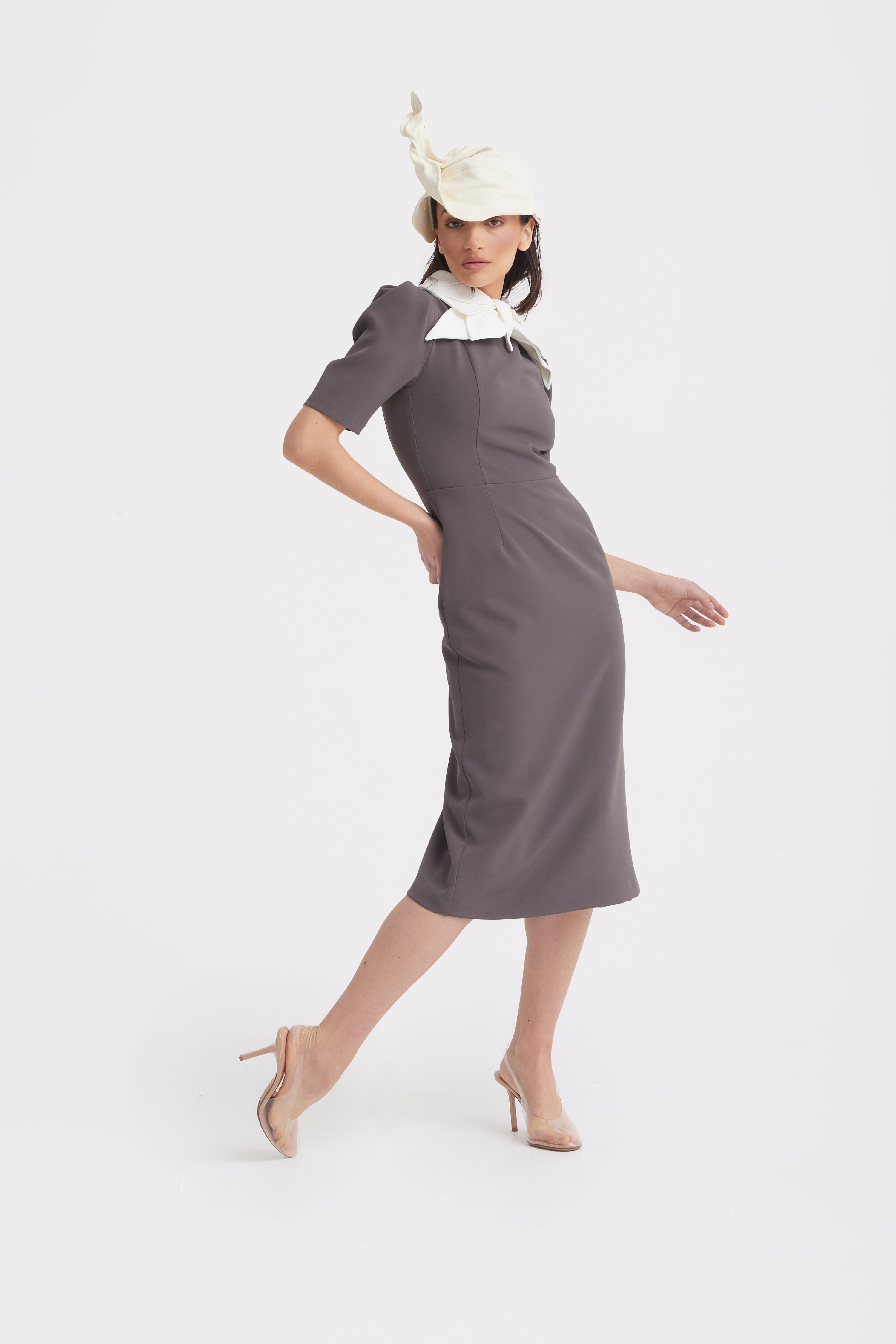 Elegant Midi Dress With Contrast Bow Collar | Taupe