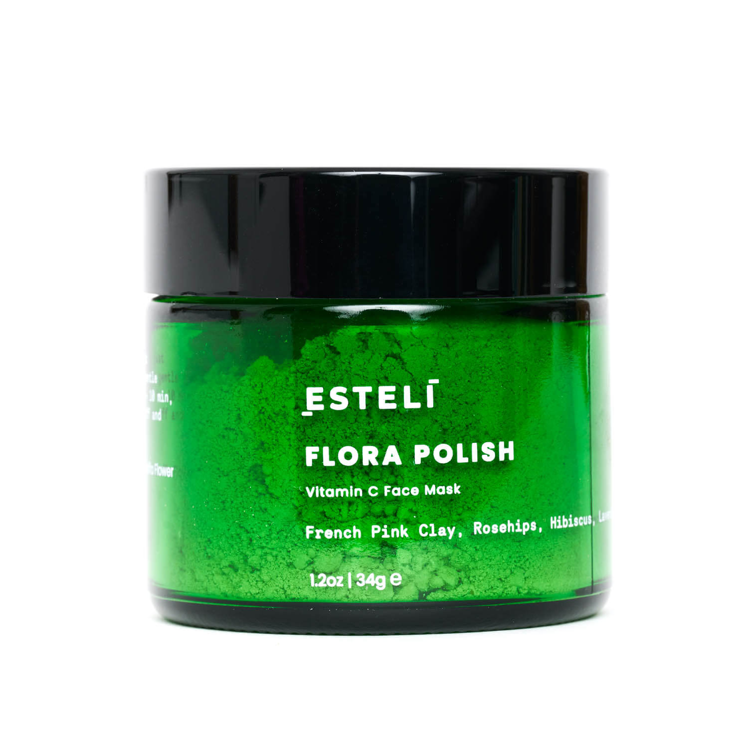 Green face mask jar with black lid labeled 'Estelí Flora Polish' on a white background