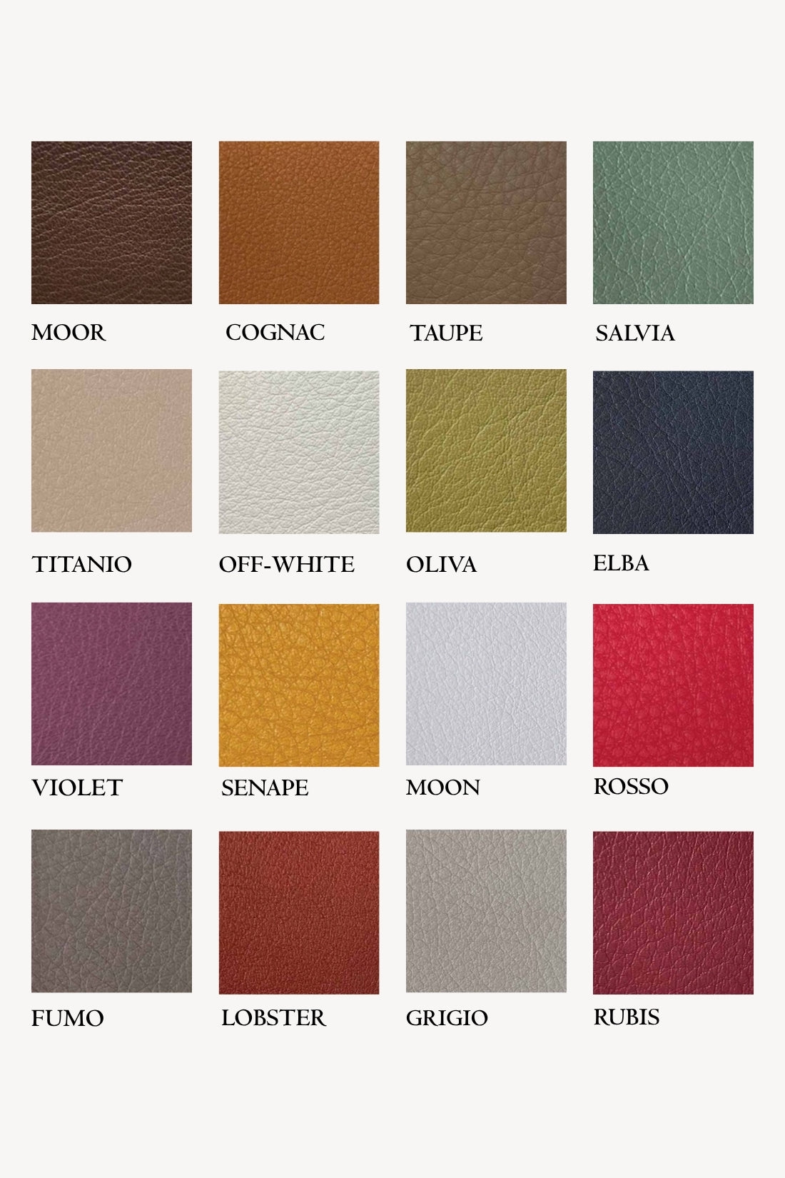 Color swatch chart with various leather textures labeled from Moor to Rubis.