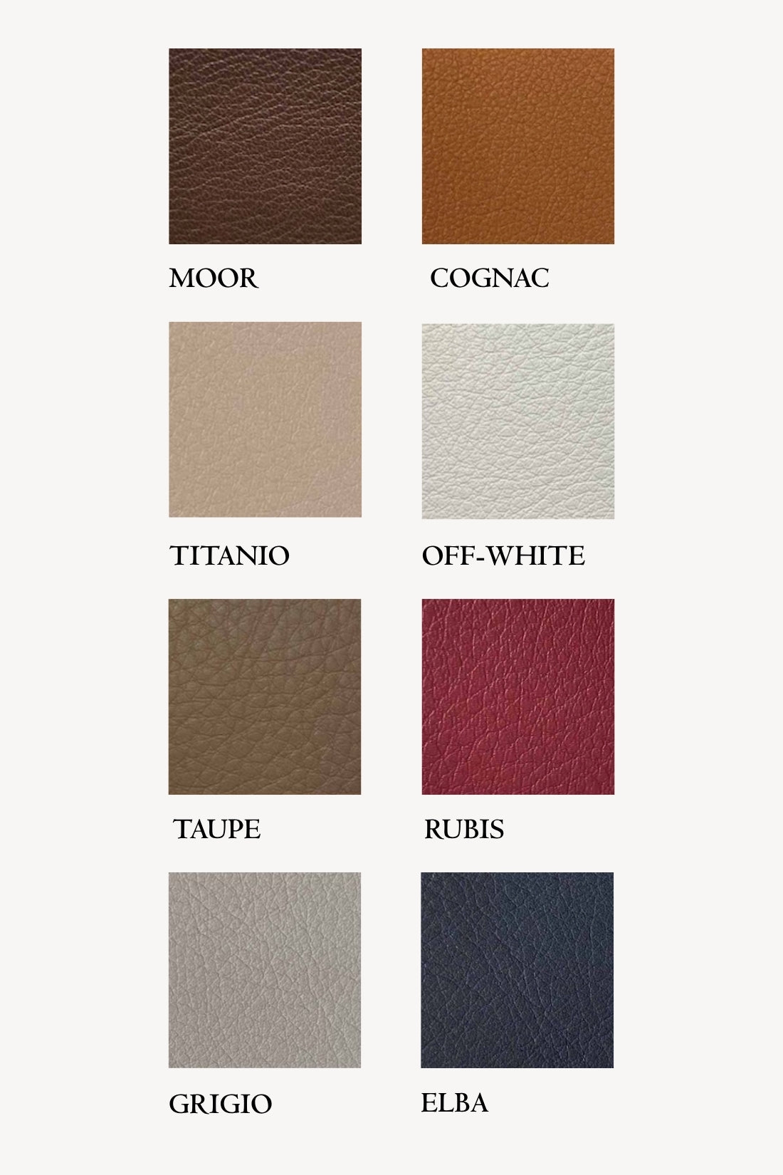 Color swatches labeled with names such as Moor, Cognac, Titanio, Off-White, Taupe, Rubis, Grigio, and Elba on a white background.