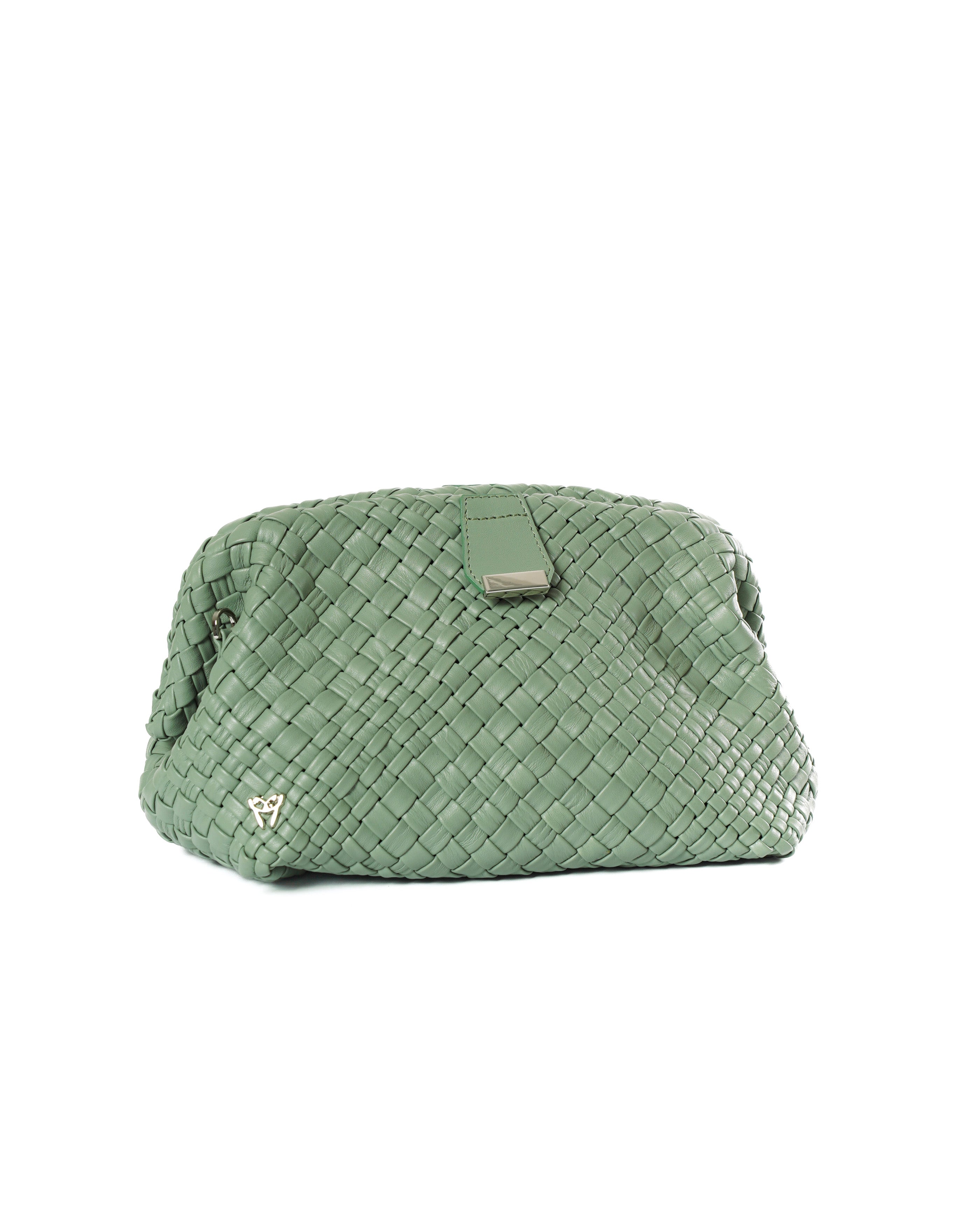 Green woven handbag on a white background