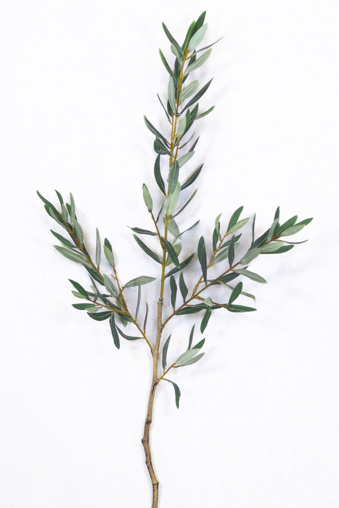 A single artificial olive branch with green leaves and a brown stem, photographed against a plain white background.