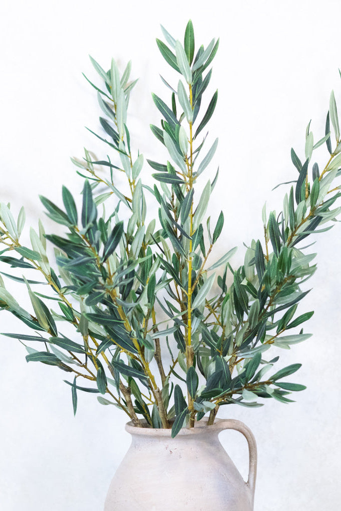 Artificial olive branch arrangement in a light beige ceramic pitcher vase against a white background.