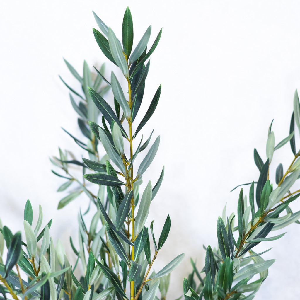 Artificial olive branch greenery with long narrow leaves on a white background.