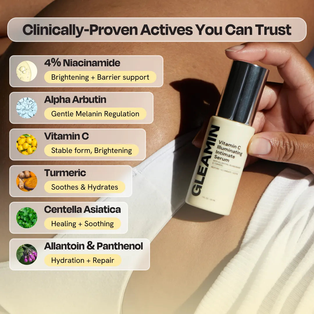 Hand holding a skincare serum with ingredient list on a beige background