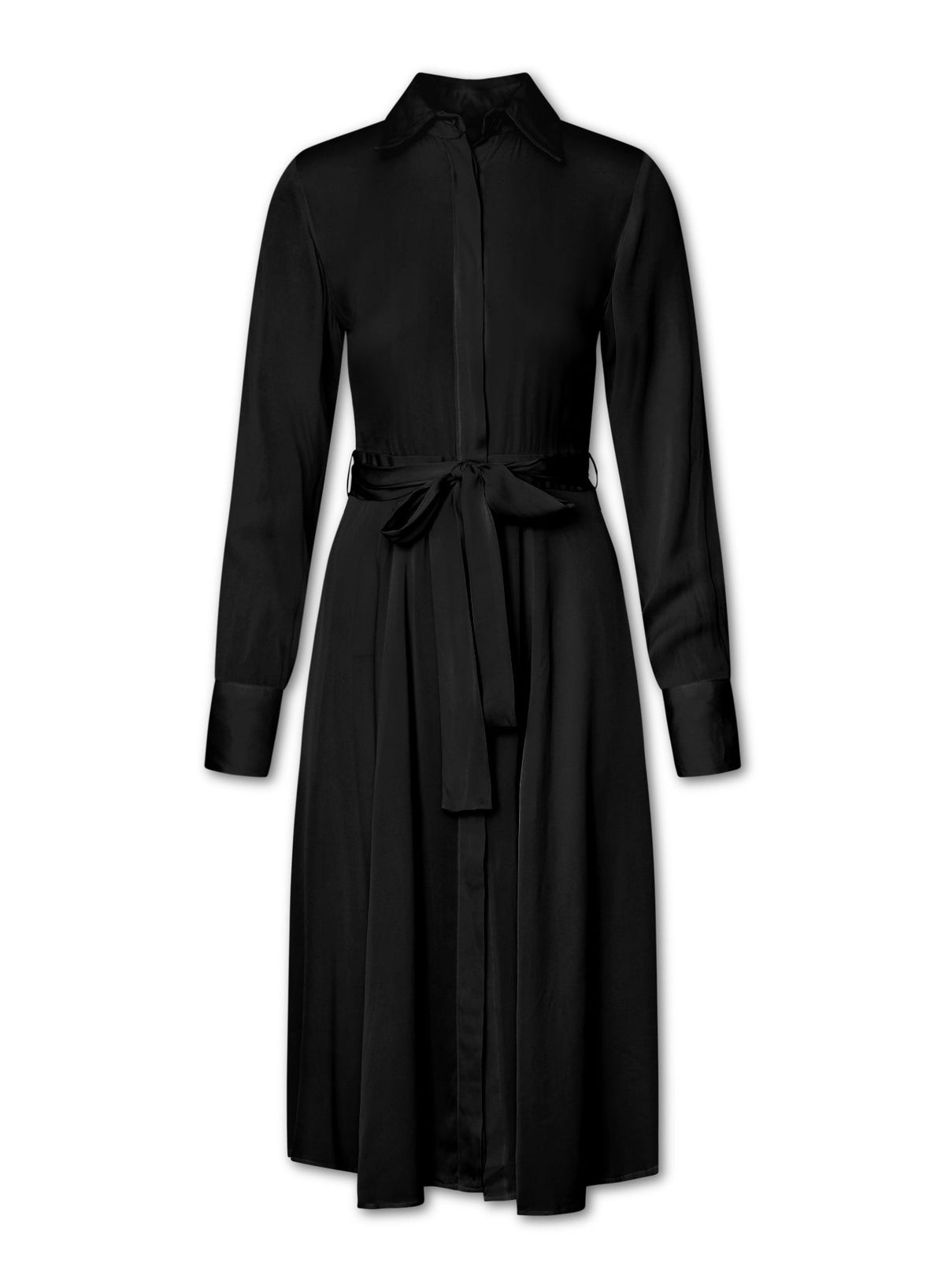 A black long-sleeve silk shirt dress with a pointed collar, button front, and a matching fabric tie belt at the waist, shown on a plain white background.