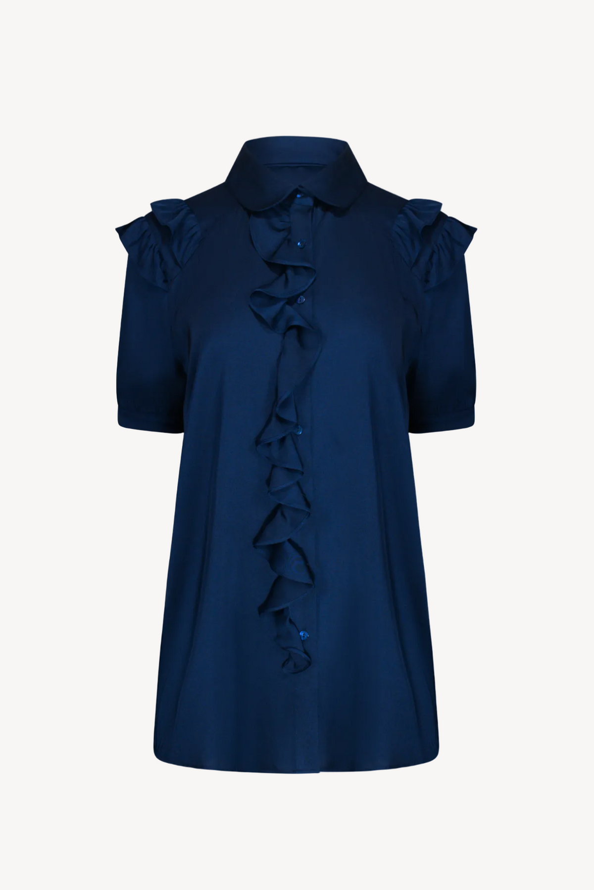 Navy blue silk blouse with ruffled shoulders on a white background