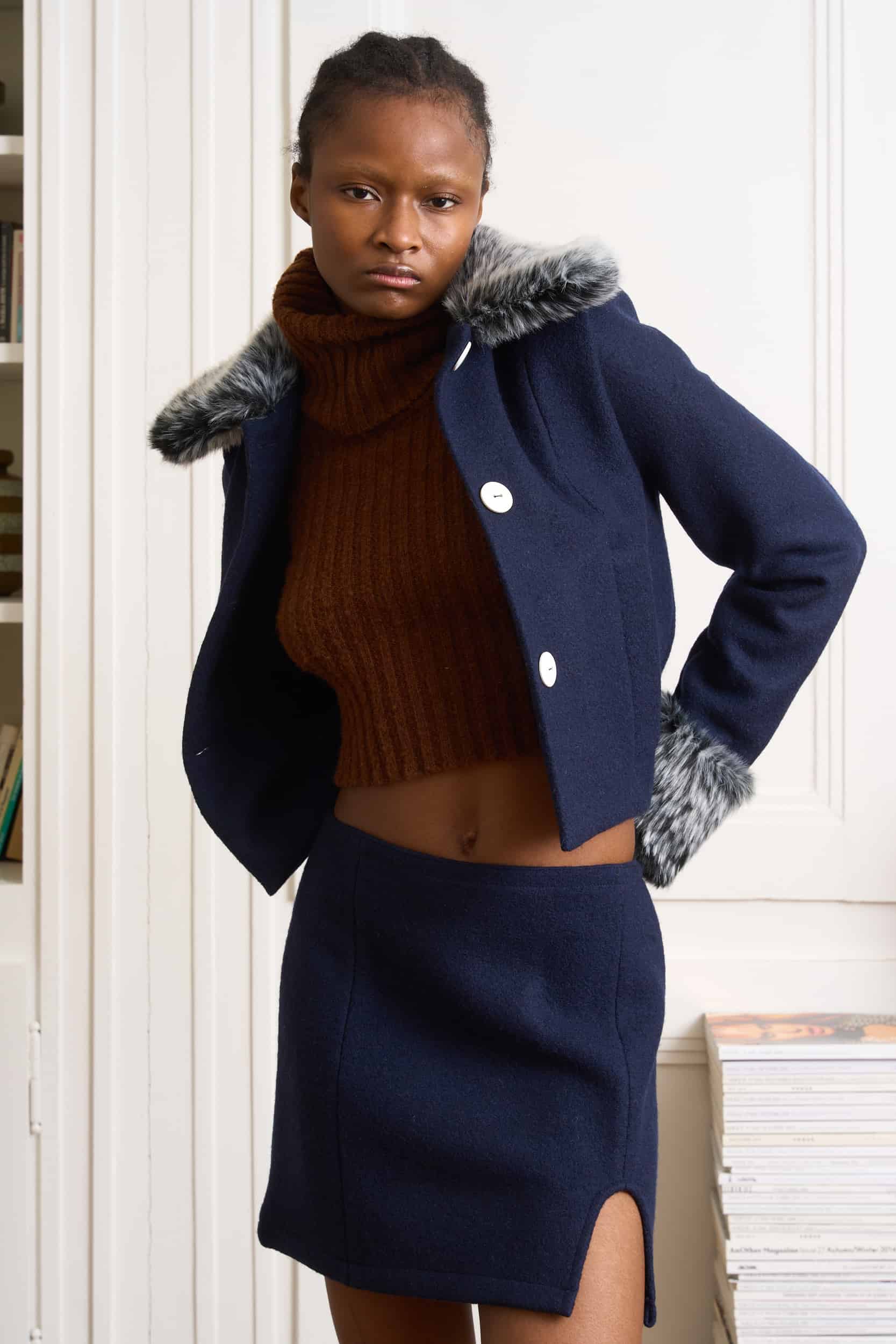 Navy Blue Wool jacket with grey Faux Fur Collar