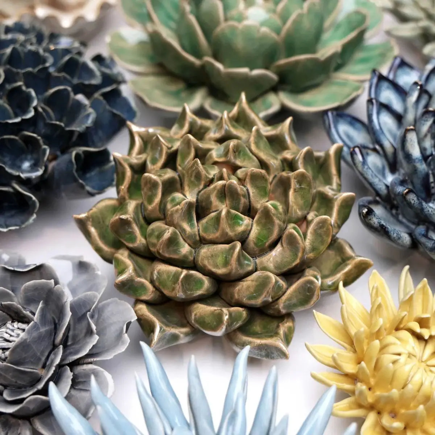 Ceramic Flower Wall Art | Succulent Green