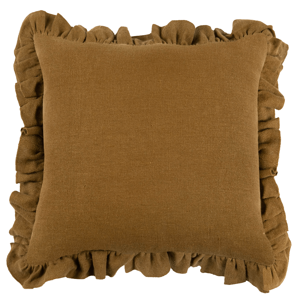Brown cushion with ruffled edges on a transparent background