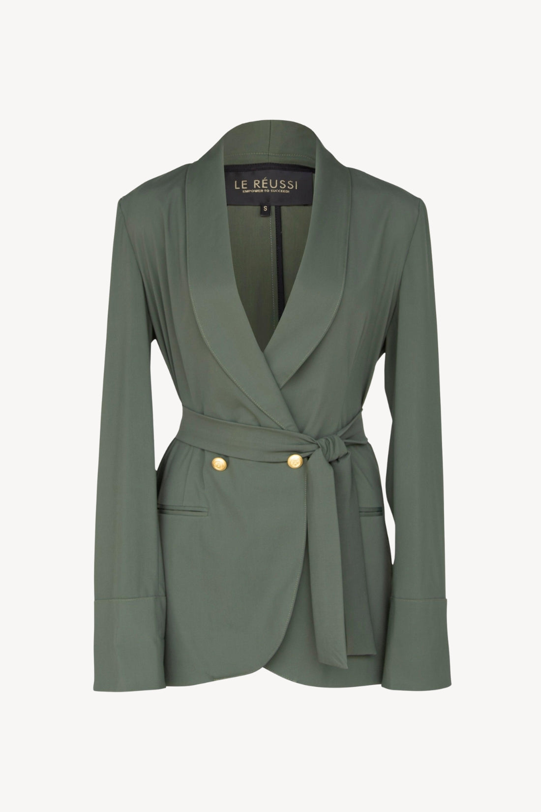 Green blazer with a belt and gold buttons on a white background