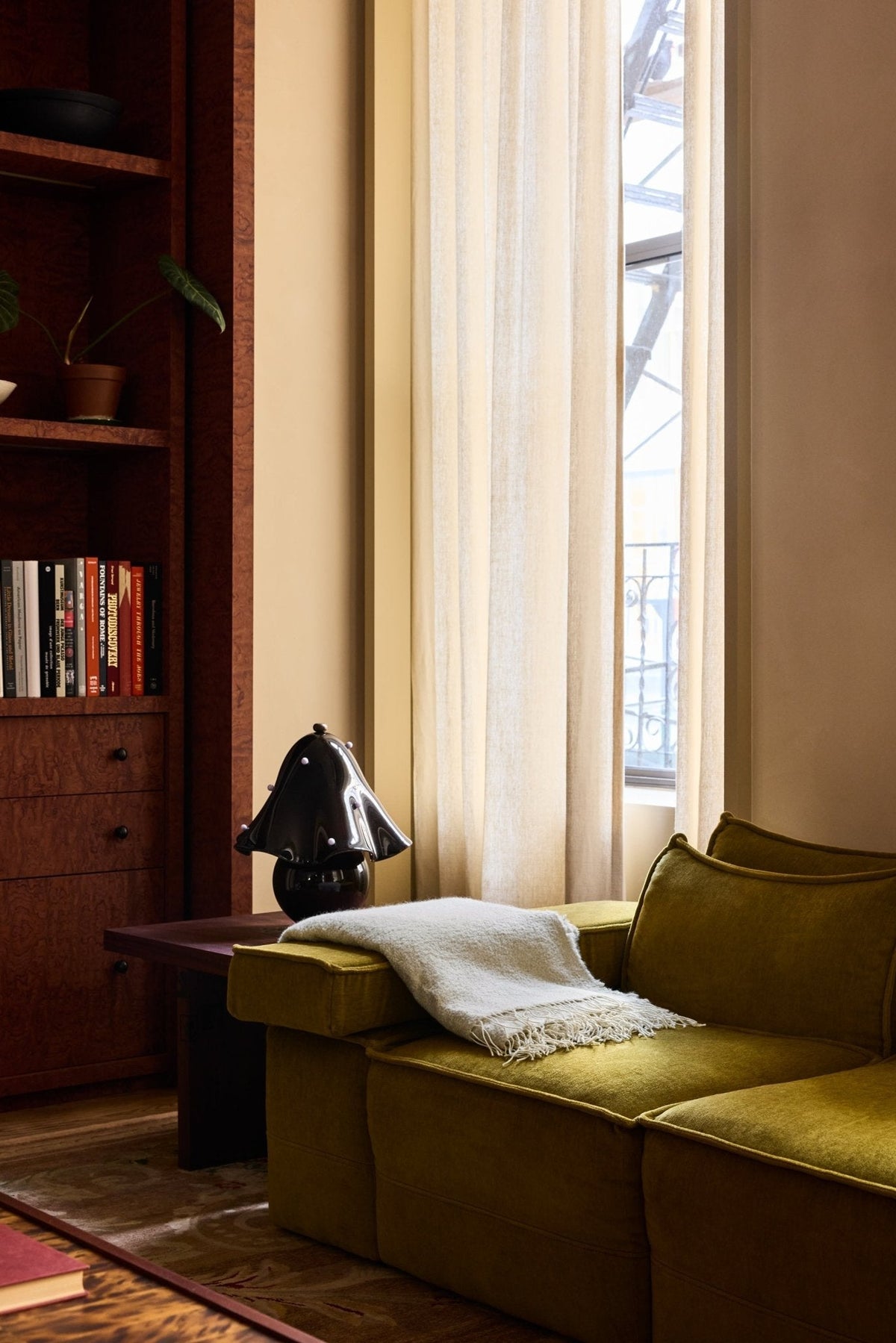 Living room with a green sofa, bookshelf, and large window with curtains.