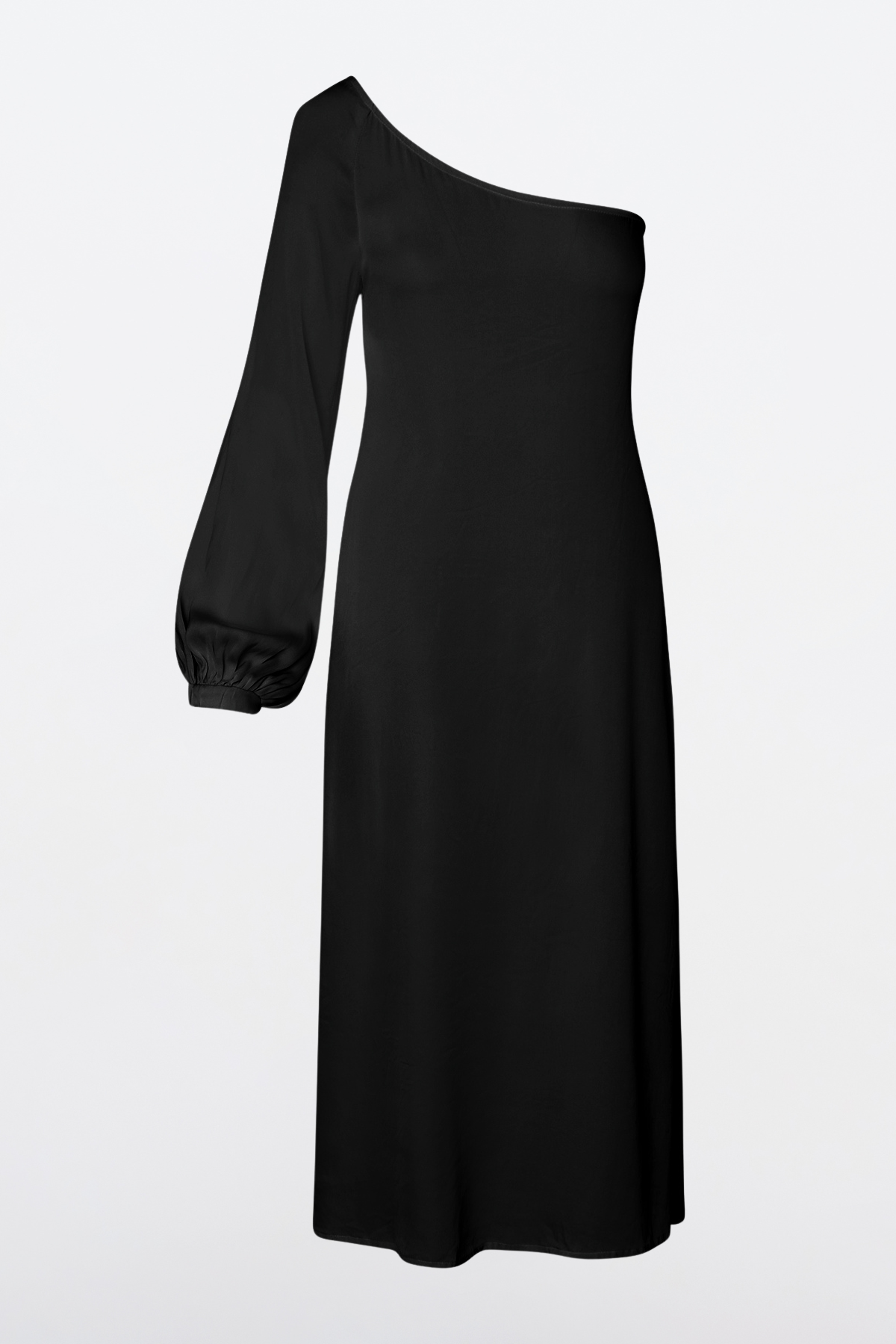 A black one-shoulder silk midi dress with a long balloon sleeve, shown against a plain light gray background.