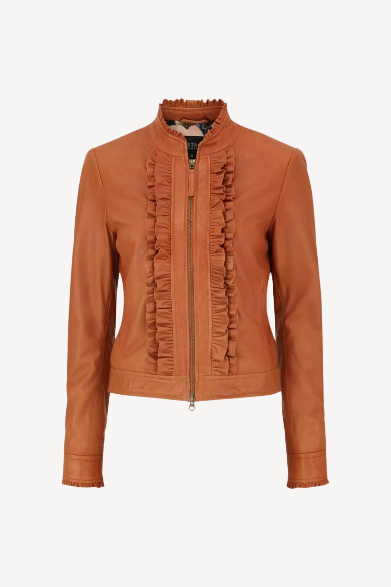 Brown leather jacket with ruffle details on a white background