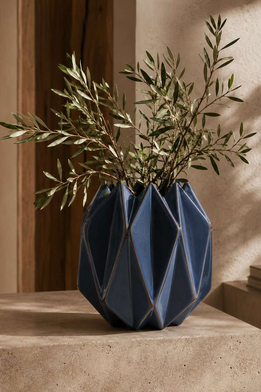 Blue geometric vase with green branches on a stone surface