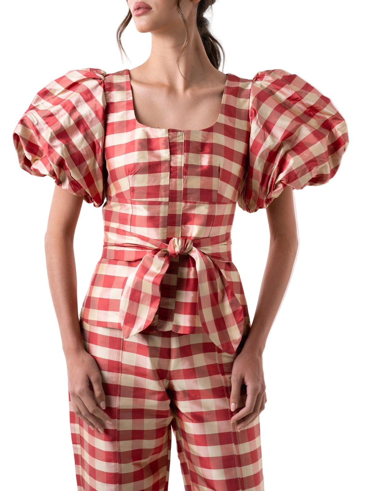 Red and white checkered outfit with puff sleeves on a white background