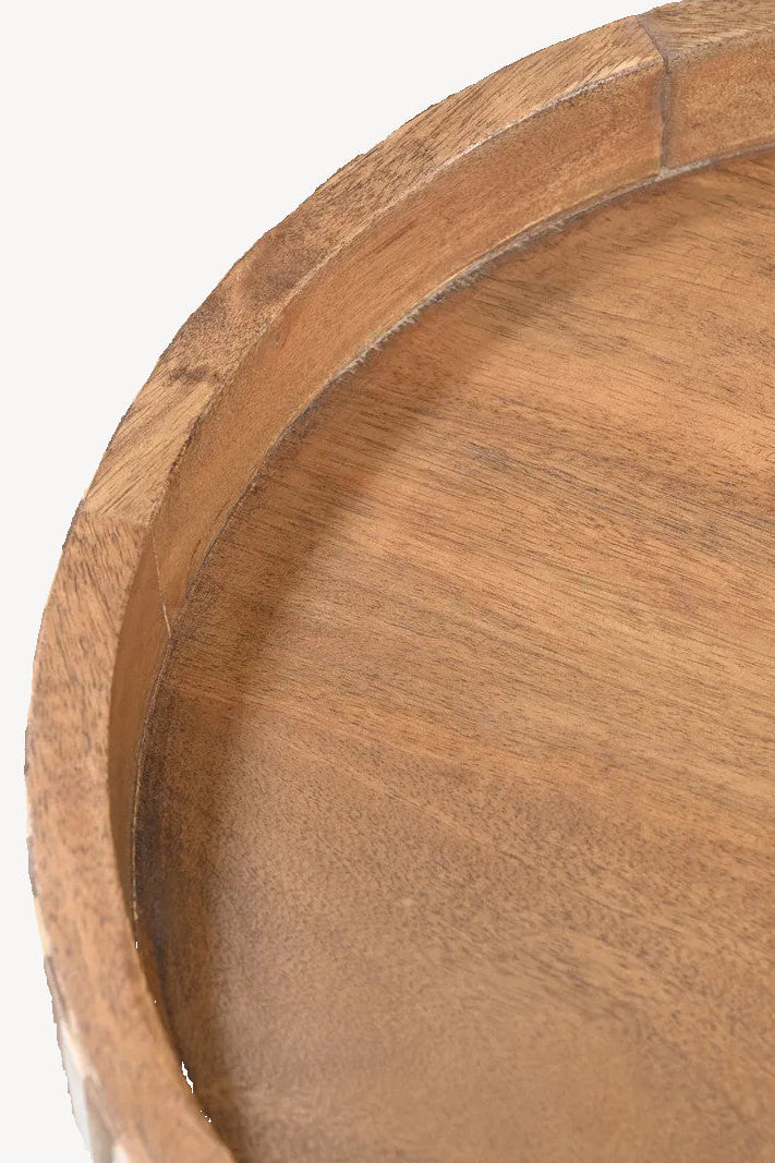Close-up of a wooden tray with a natural finish on a white background