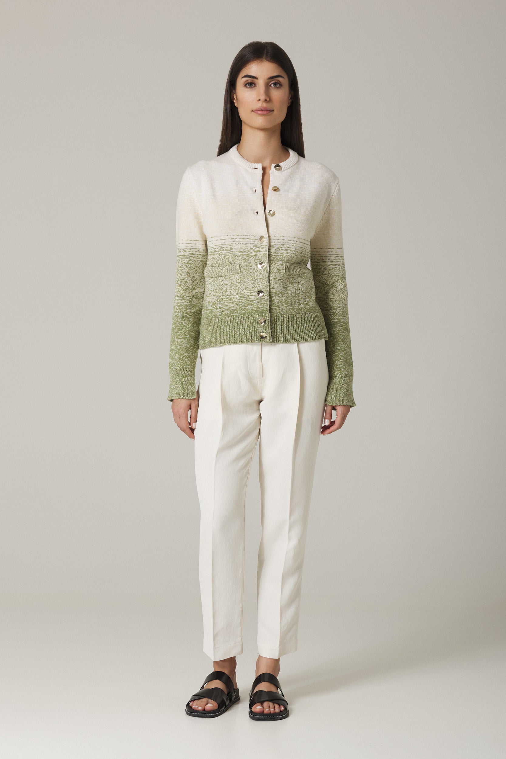 UNA OMBRÉ CARDIGAN WITH GOLD BUTTONS IN OLIVE COMBO