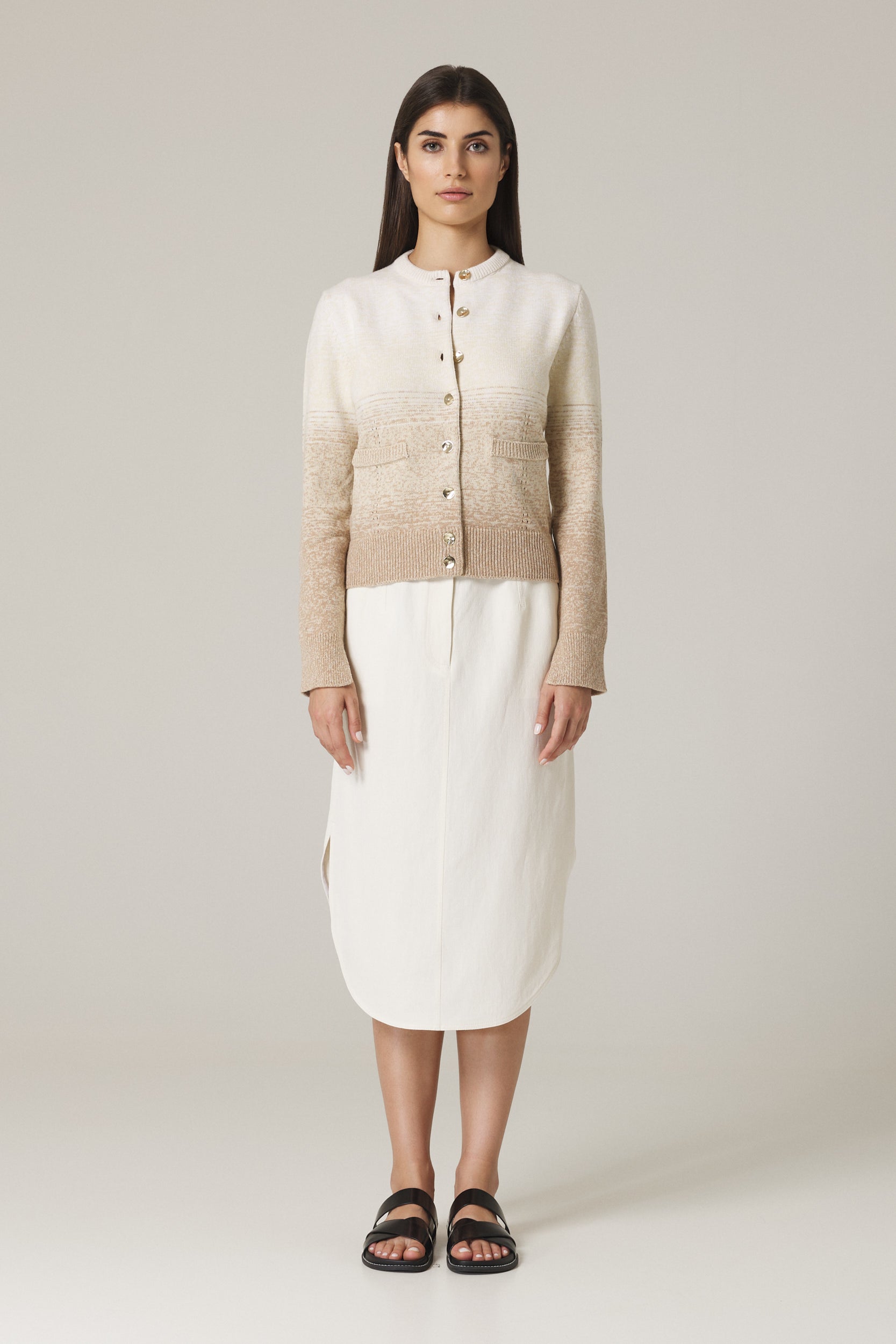 UNA OMBRÉ CARDIGAN WITH GOLD BUTTONS IN SAND COMBO