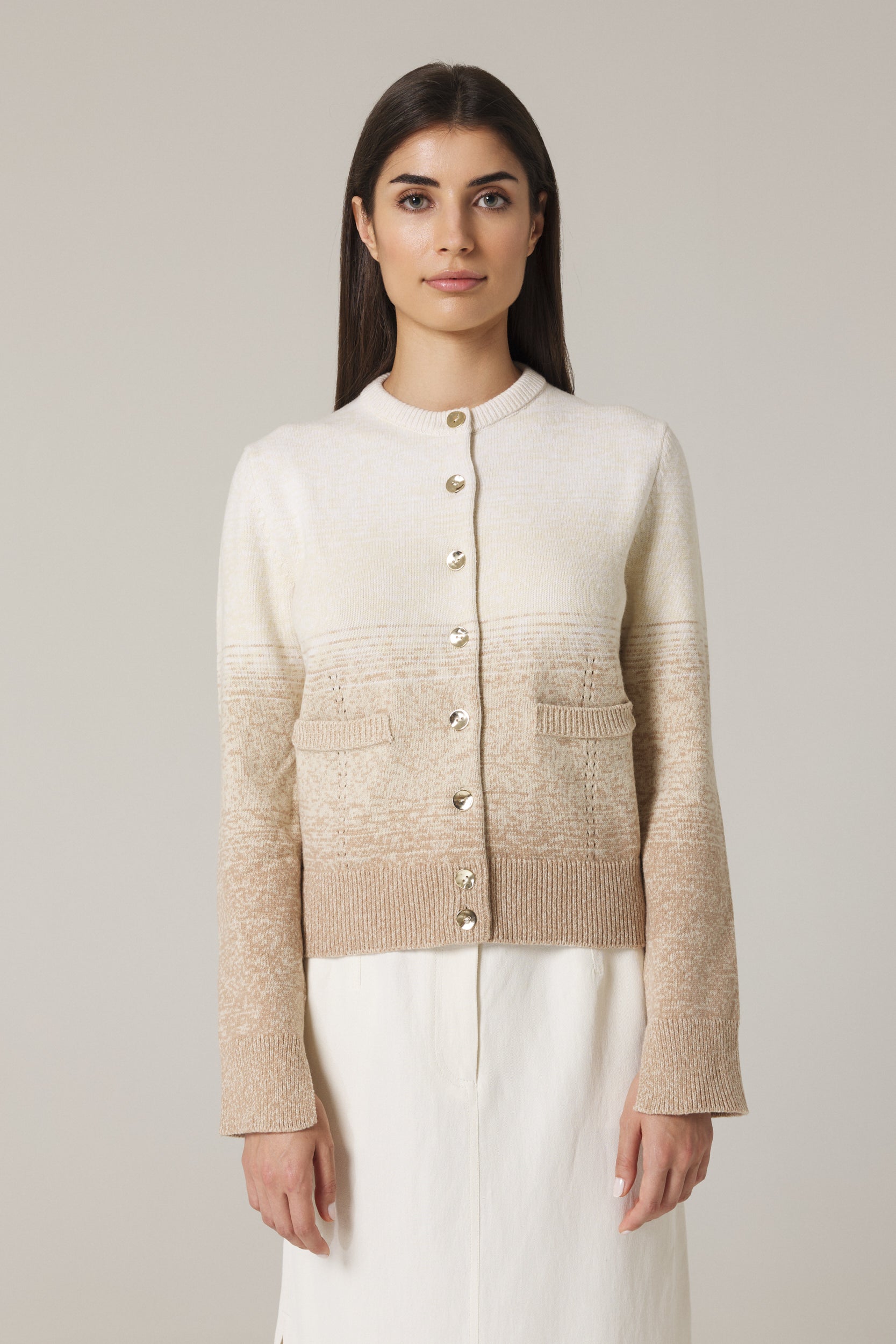 UNA OMBRÉ CARDIGAN WITH GOLD BUTTONS IN SAND COMBO
