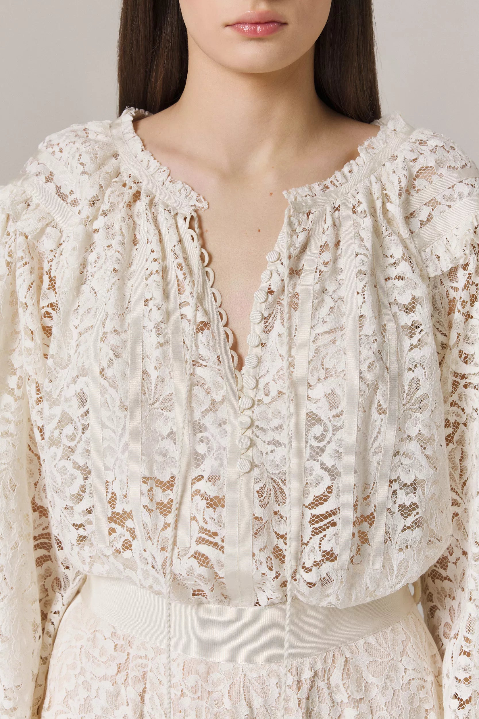OZANA LACE DRESS WITH GROSGRAIN APPLIQUE IN SUGAR