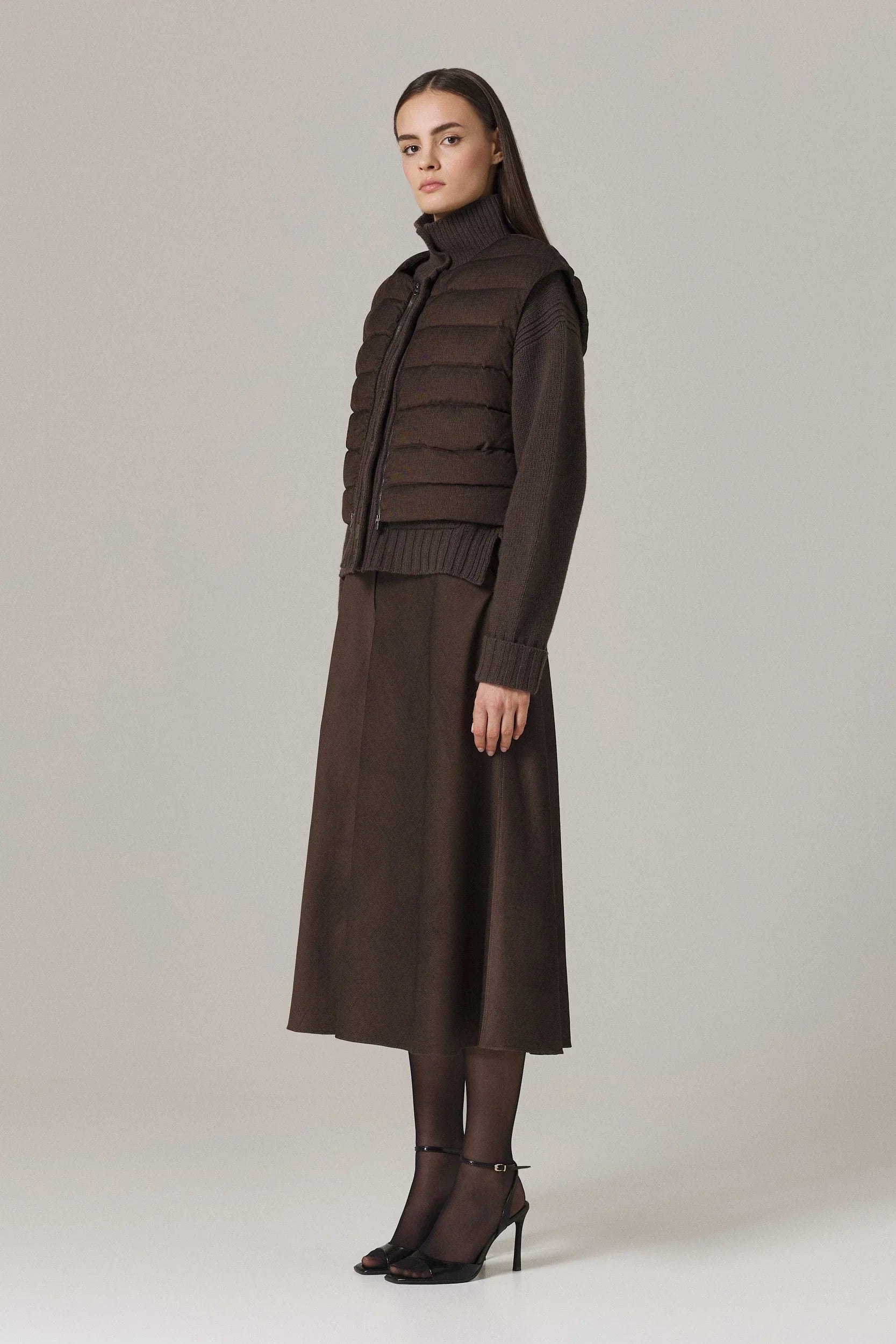 LOGAN CASHMERE BLEND CARDIGAN WITH DOWN FILLED CORDUROY VEST IN UMBER