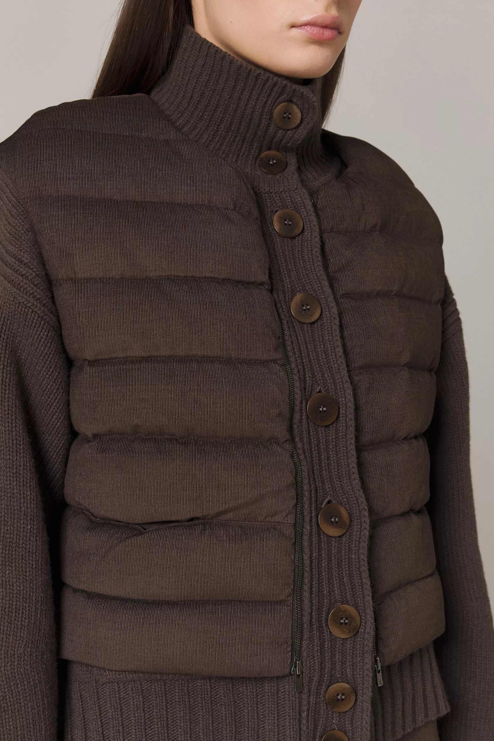 LOGAN CASHMERE BLEND CARDIGAN WITH DOWN FILLED CORDUROY VEST IN UMBER
