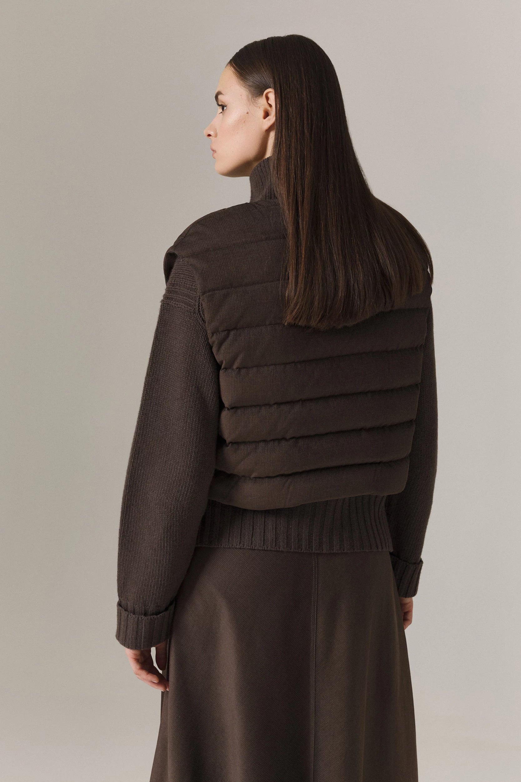 LOGAN CASHMERE BLEND CARDIGAN WITH DOWN FILLED CORDUROY VEST IN UMBER