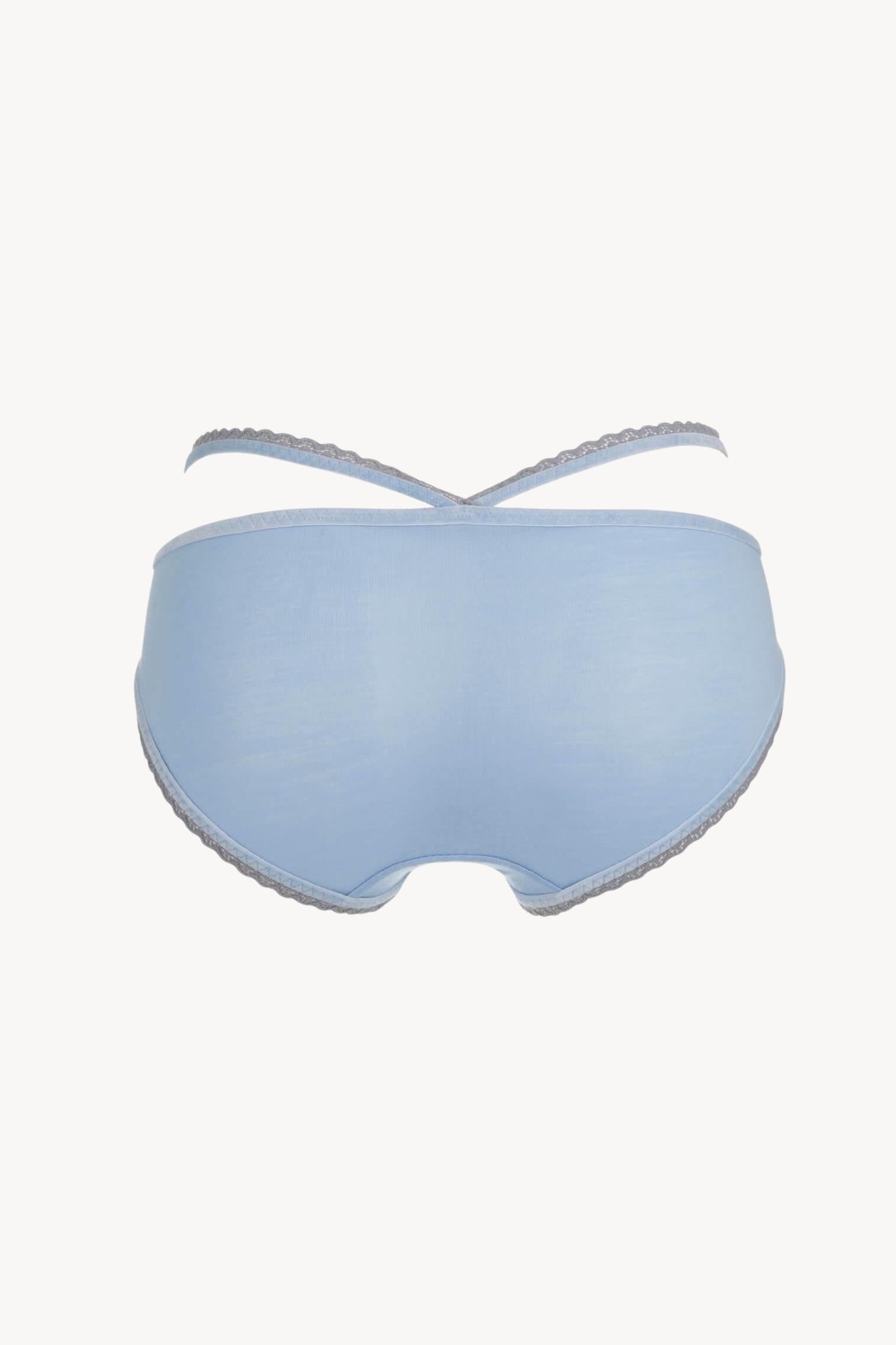 Back of light blue bikini bottom with thin straps on a white background.