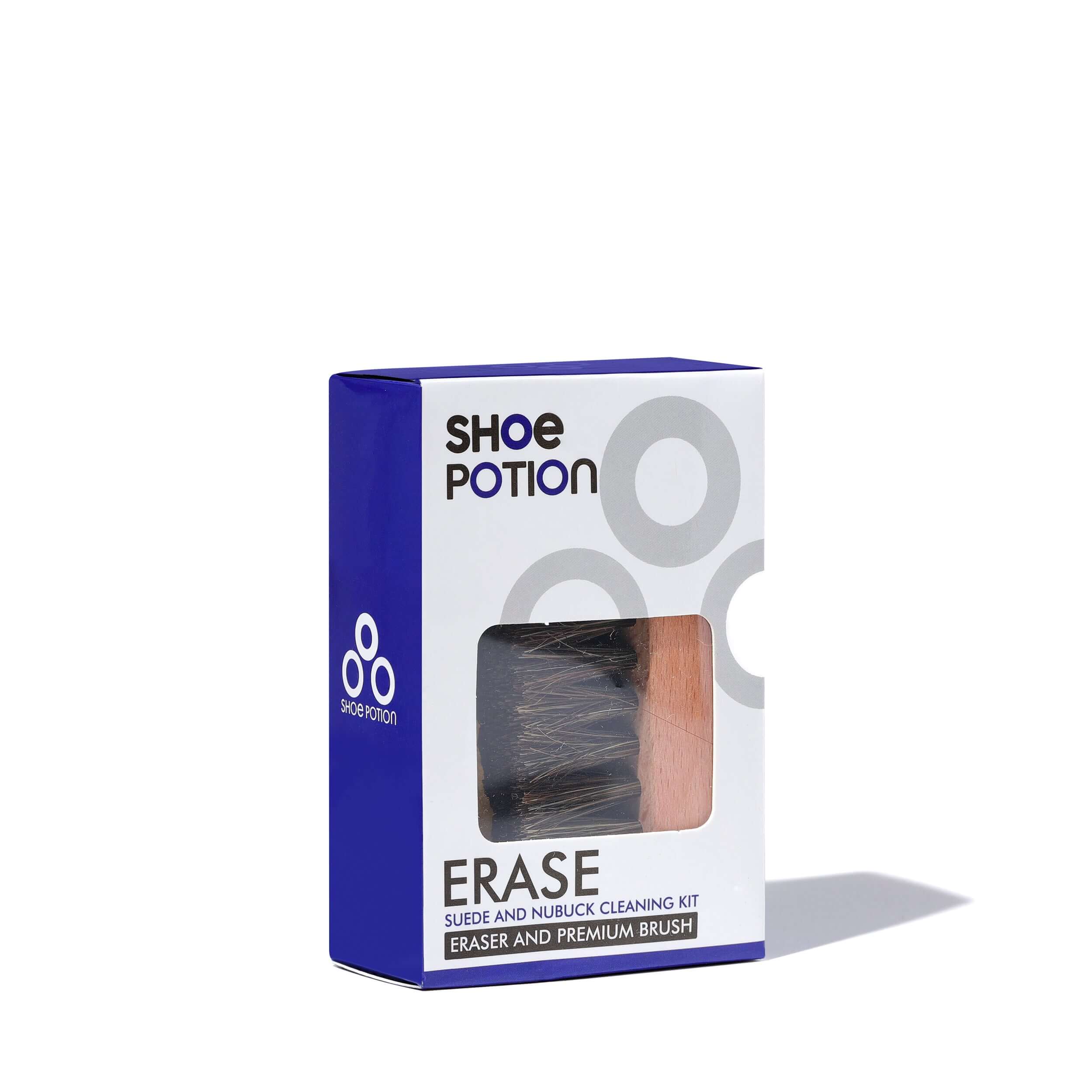 Shoe Potion Erase suede and nubuck cleaning kit packaging on a white background