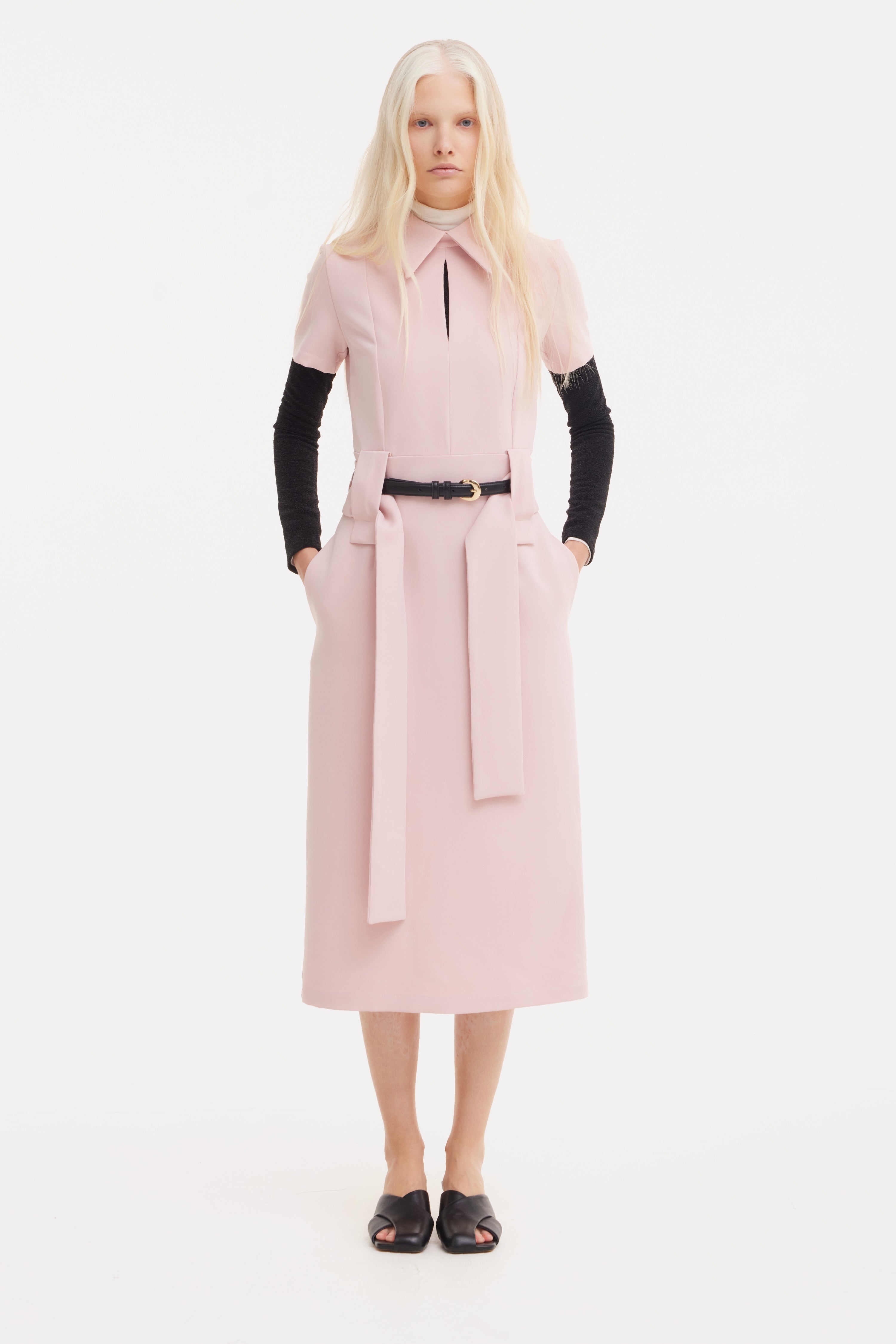 Short Sleeve Midi Dress With Belt | Blush Pink