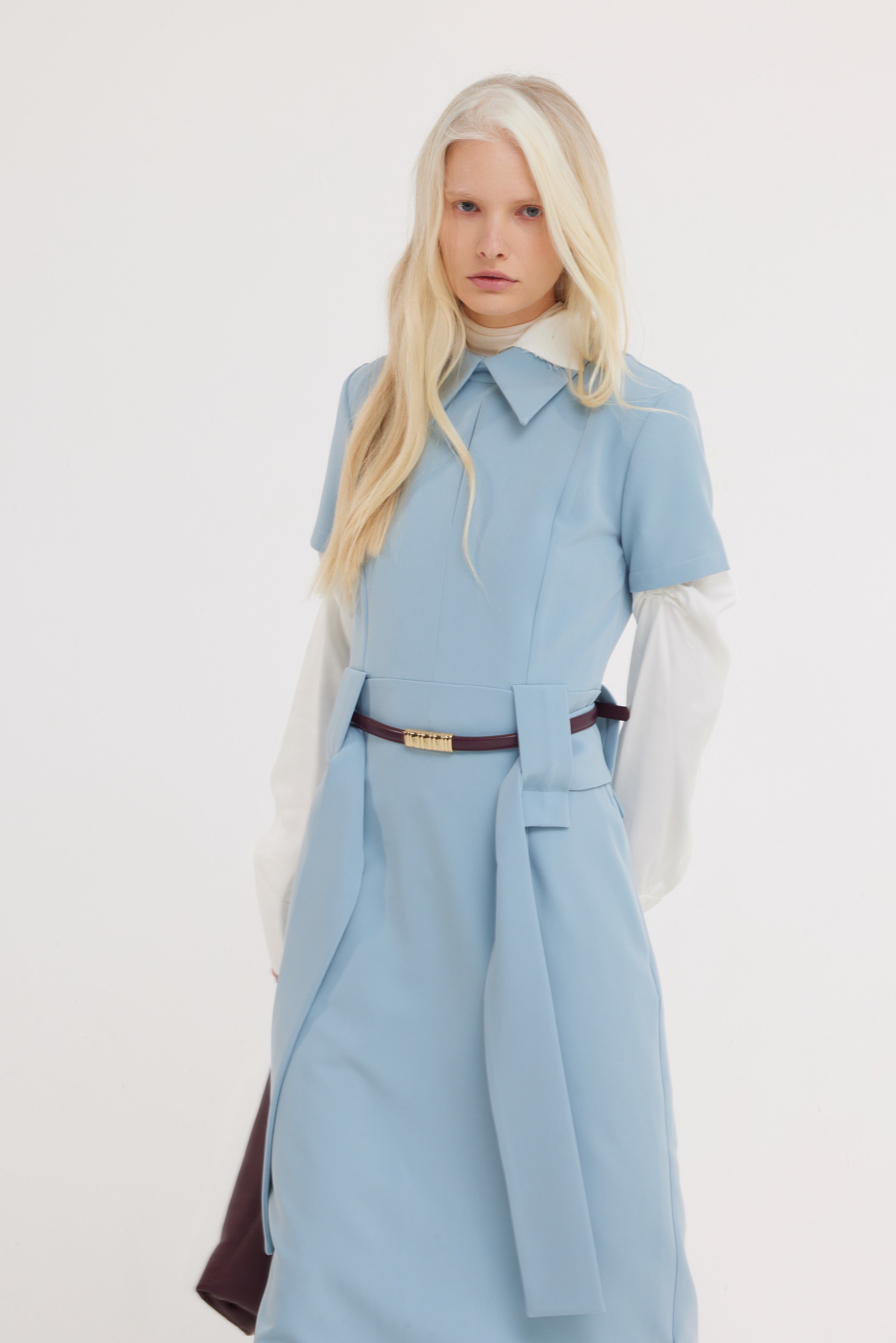 Short Sleeve Midi Dress With Belt | Light Blue