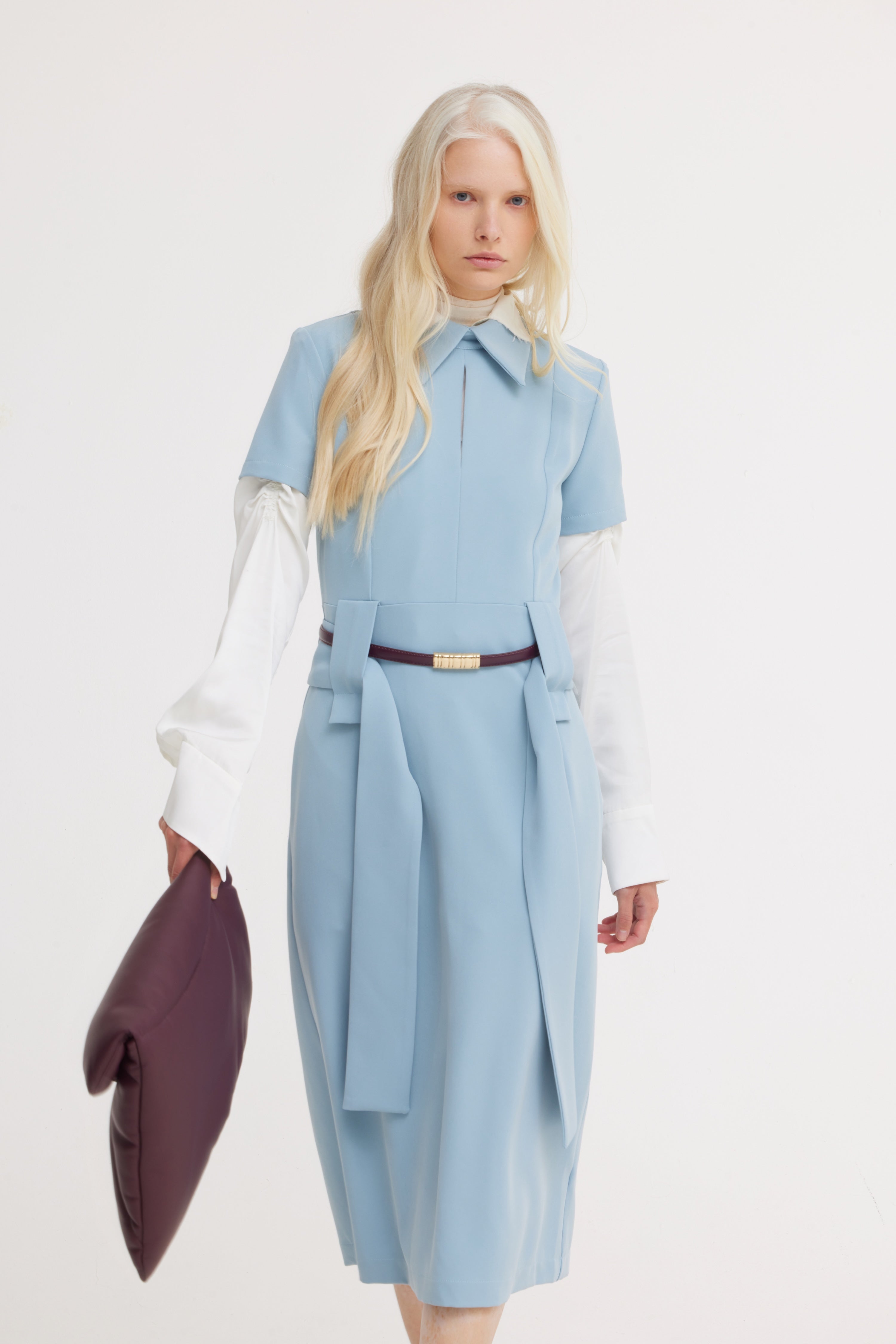 Short Sleeve Midi Dress With Belt | Light Blue