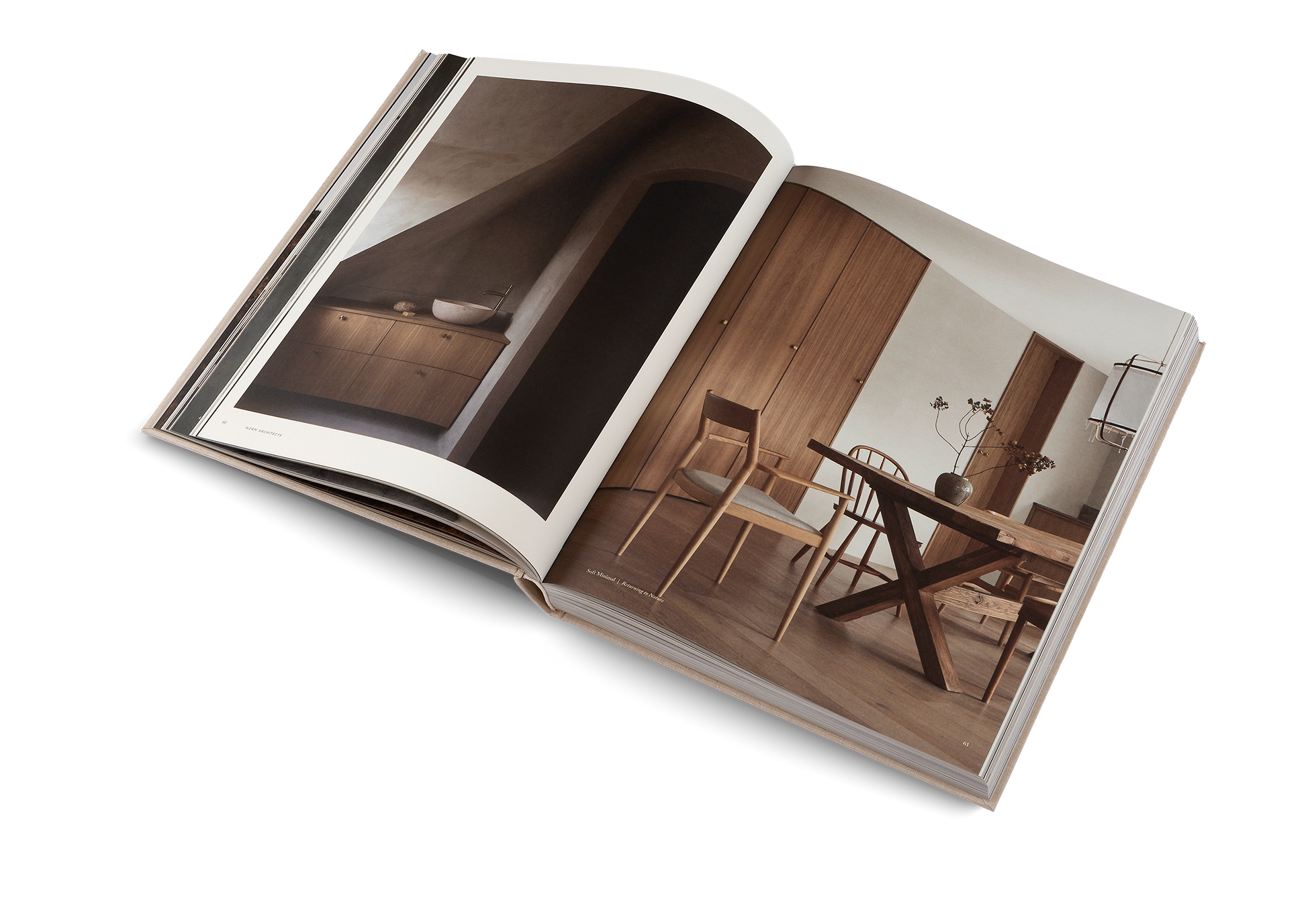 Open book showing images of wooden furniture in a room