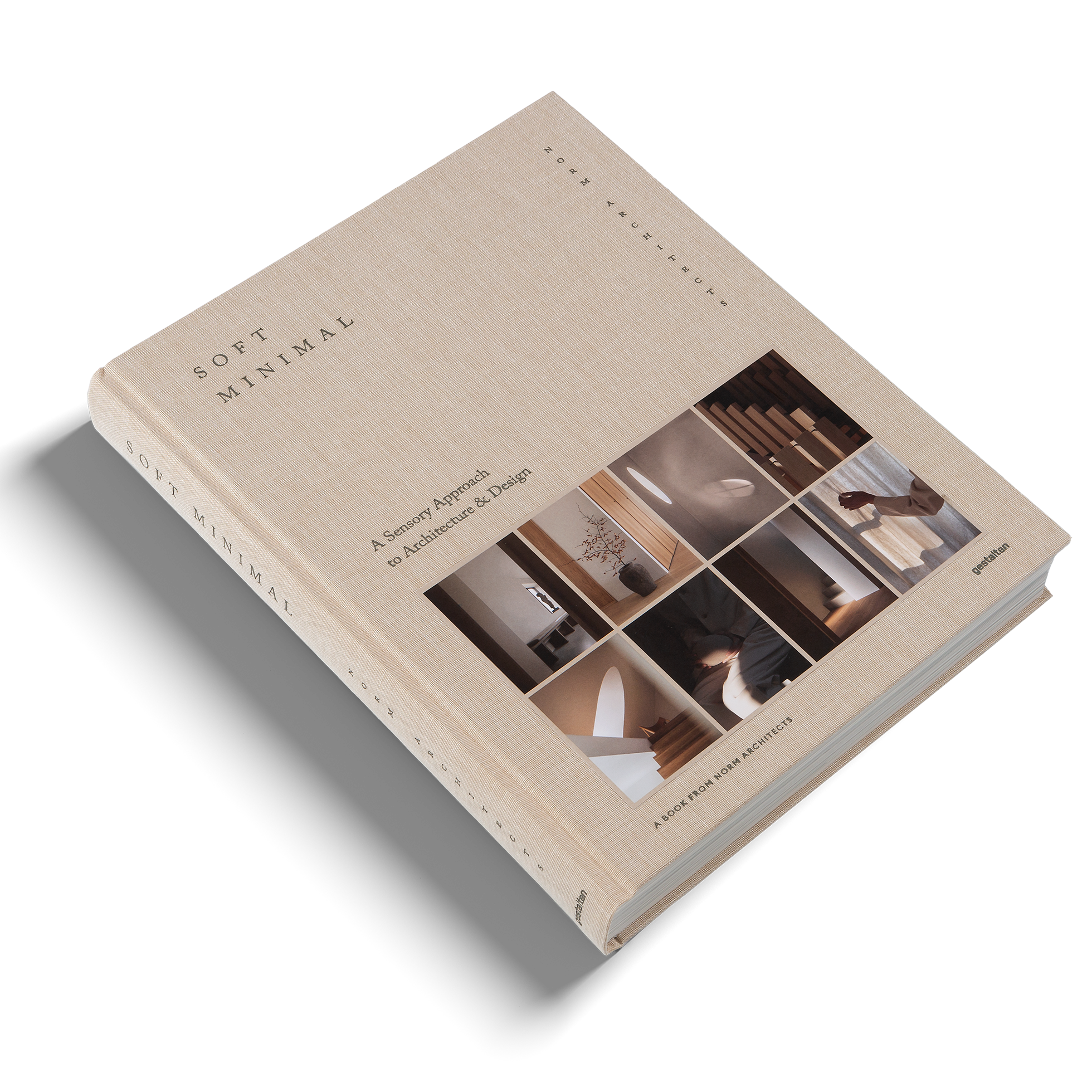 Beige book titled 'Soft Minimal' with interior design images on a white background