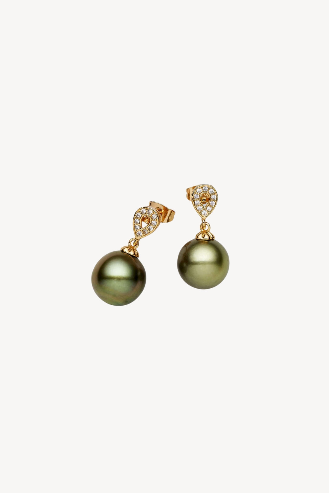 Pair of green pearl earrings with gold and diamond accents on a white background
