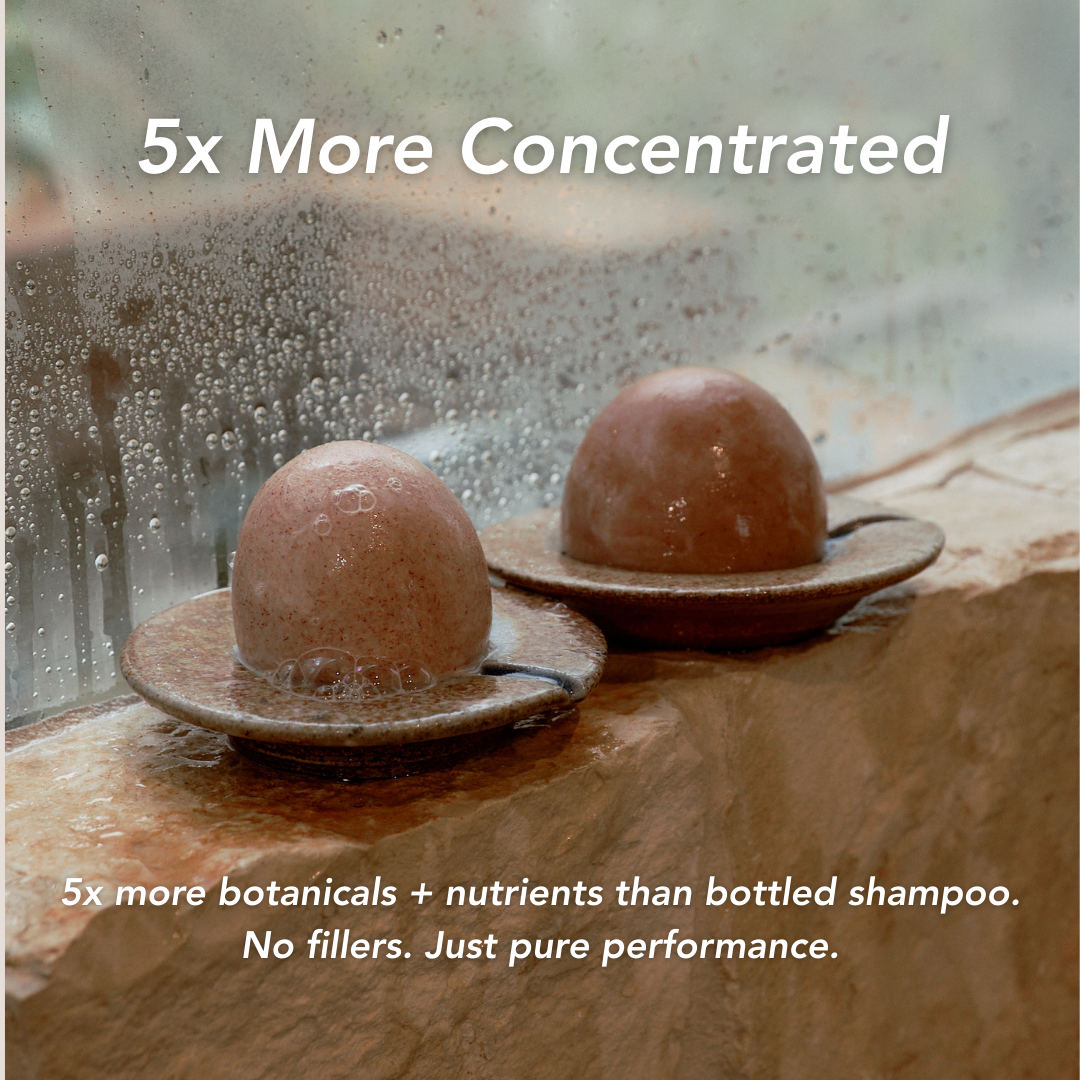 Two clay-like products on a stone surface with text about concentration and purity.