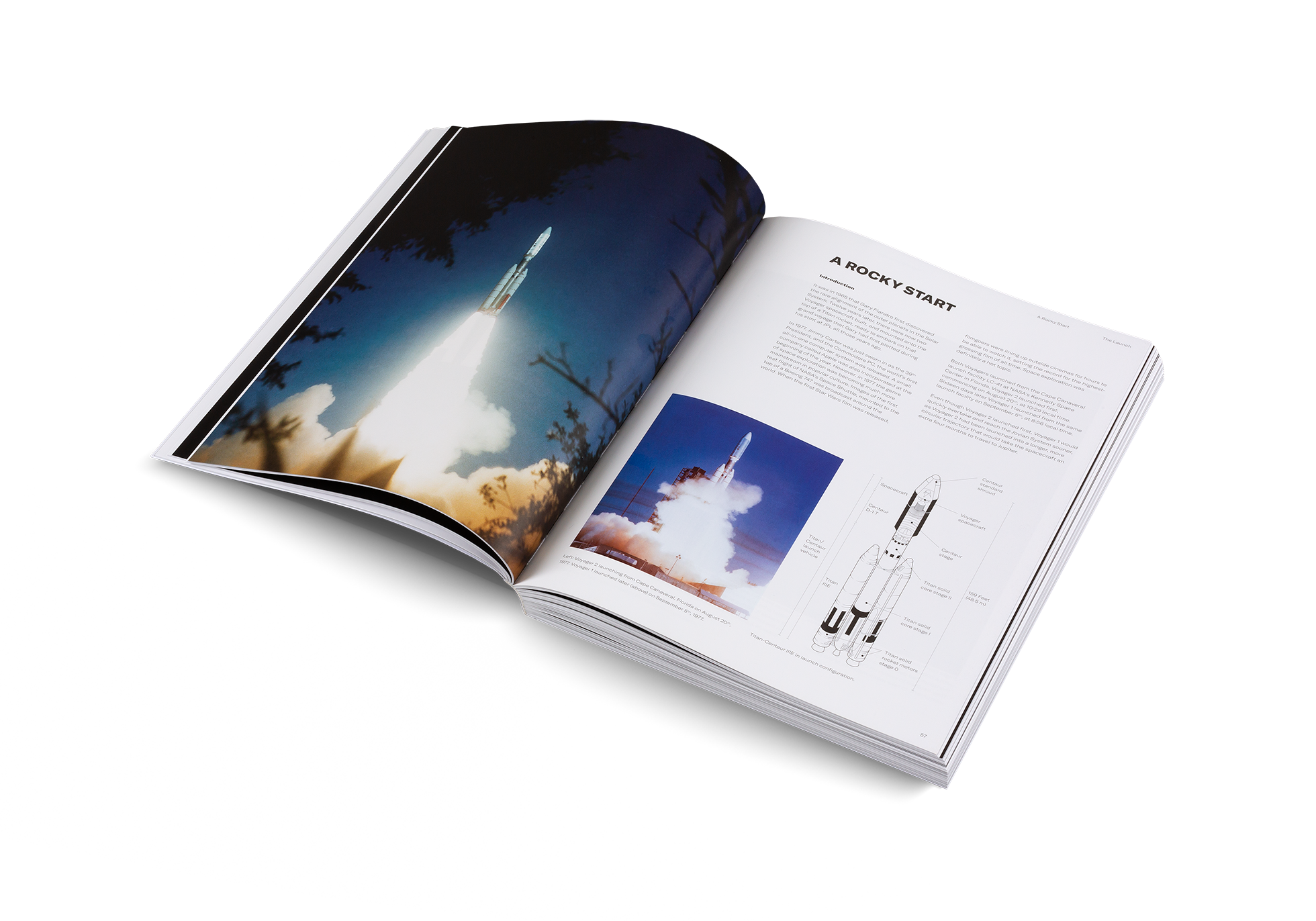 Open book with images of a rocket launch on a white background