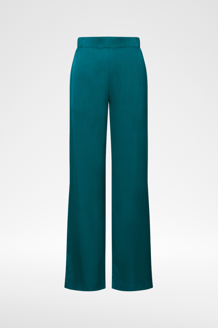 A pair of high-waisted, wide-leg trousers in a deep teal green color, shown against a plain light gray background.