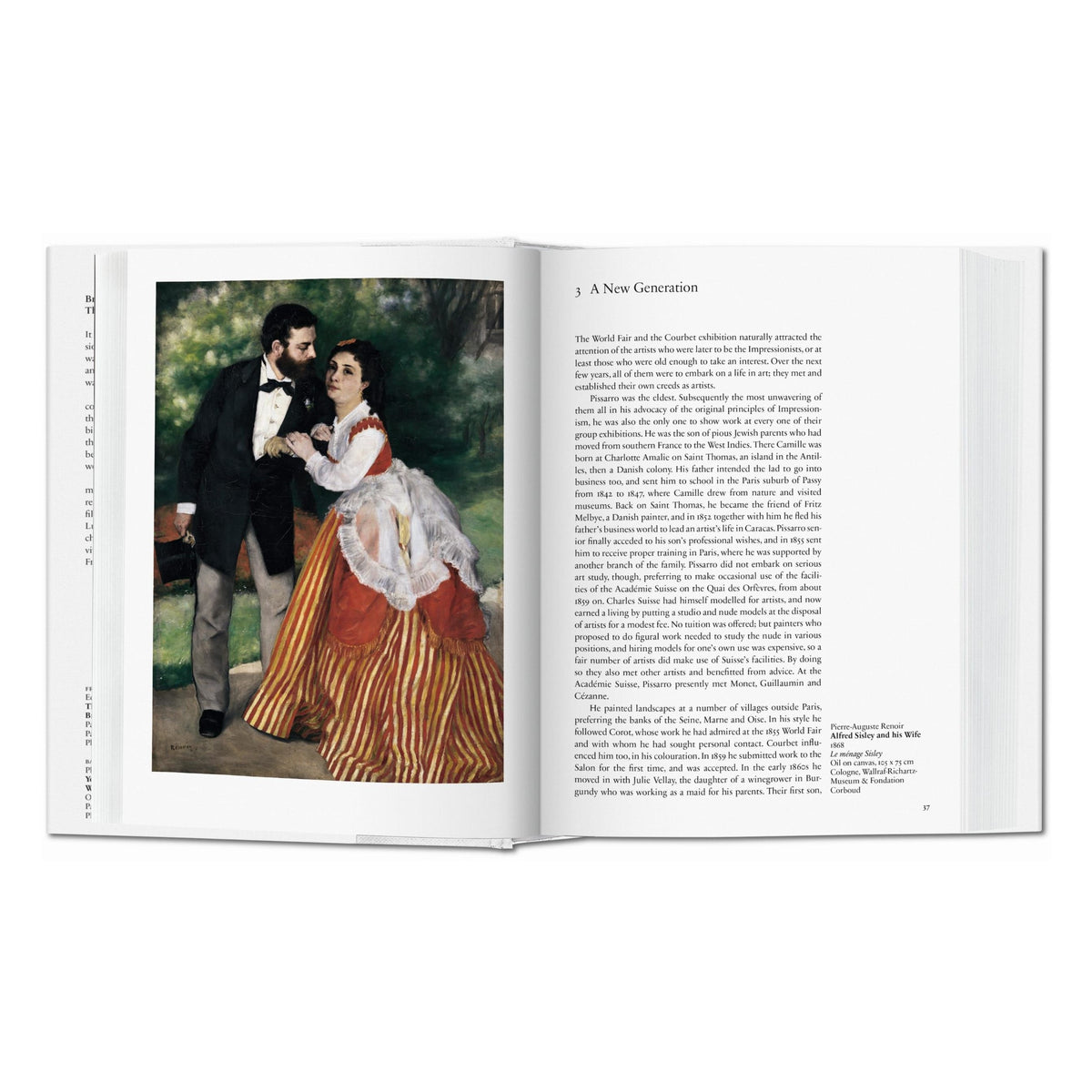 Open book with a painting of a couple on the left page and text on the right page.
