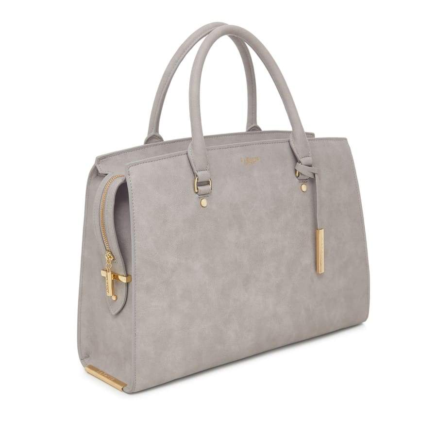 Gray handbag with gold accents on a white background