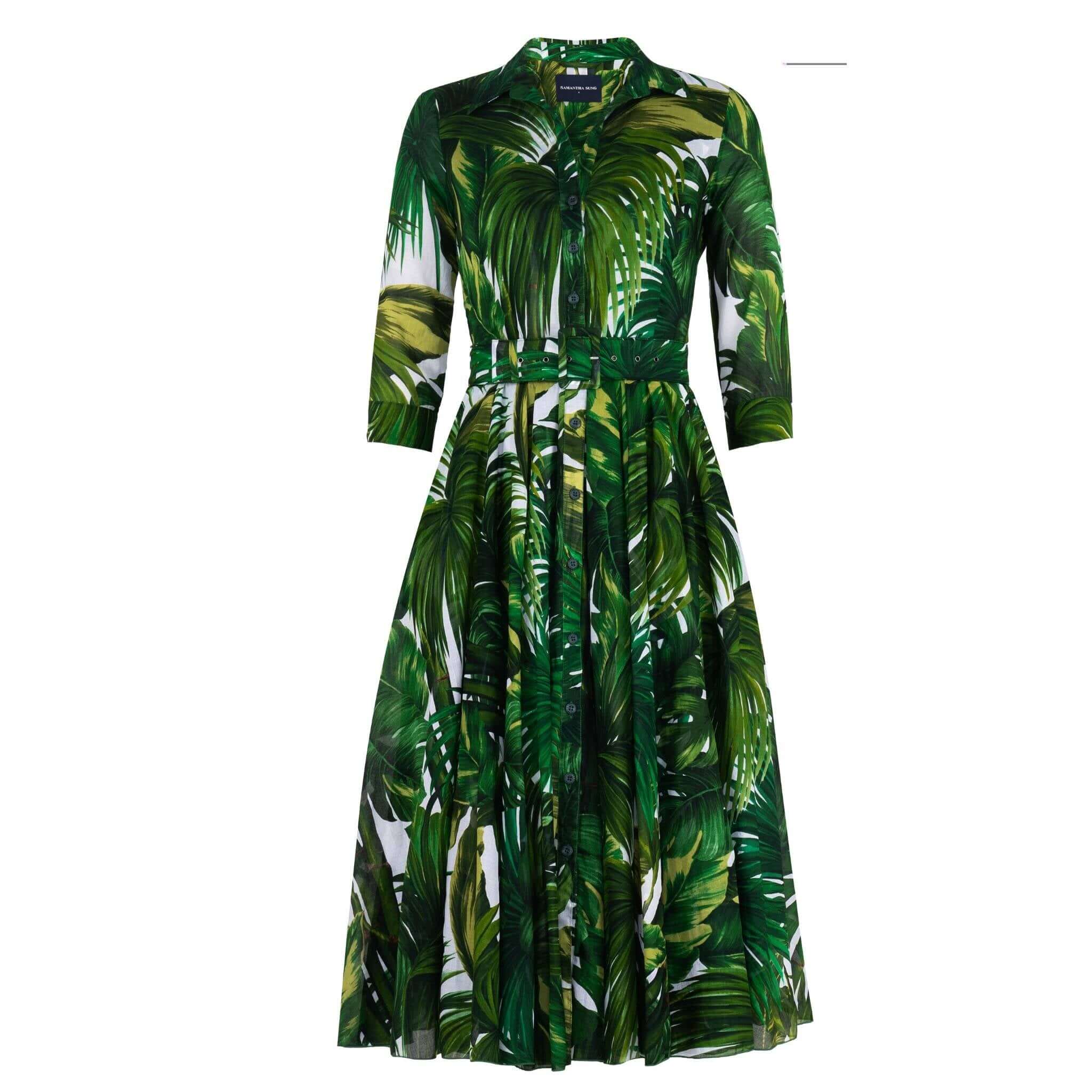Aster Dress | Honolulu Palm Print in White Pine Green
