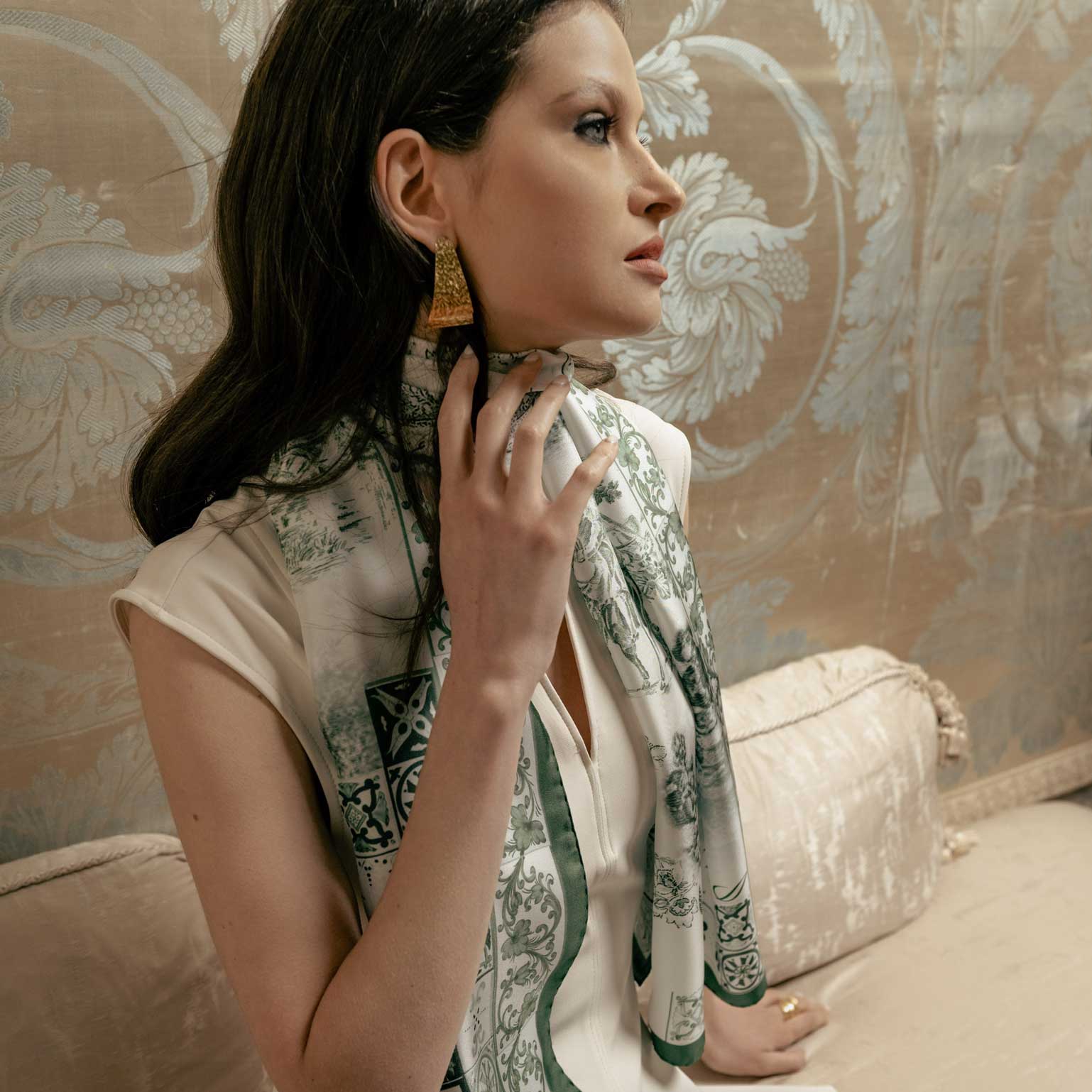 Toile - Long Green Silk Scarf