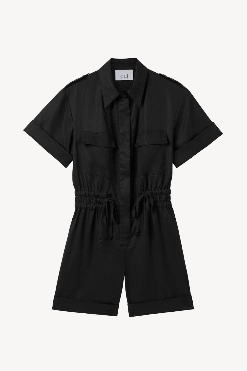 Black romper on a light gray background.